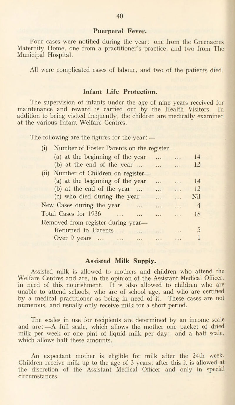 Puerperal Fever. Four cases were notified during the year; one from the Greenacres Maternity Home, one from a practitioner’s practice, and two from The Municipal Hospital. All were complicated cases of labour, and two of the patients died. Infant Life Protection. The supervision of infants under the age of nine years received for maintenance and reward is earned out by the Health Visitors. In addition to being visited frequently, the children are medically examined at the various Infant Welfare Centres. The following are the figures for the year: — (i) Number of Foster Parents on the register— (a) at the beginning of the year ... ... 14 (b) at the end of the year ... ... ... 12 (ii) Number of Children on register— (a) at the beginning of the year ... ... 14 (b) at the end of the year. 12 (c) who died during the year ... ... Nil New Cases during the year ... ... ... 4 Total Cases for 1936 ... . ... 18 Removed from register during year— Returned to Parents ... ... ... ... 5 Over 9 years ... ... ... ... ... 1 Assisted Milk Supply. Assisted milk is allowed to mothers and children who attend the Welfare Centres and are, in the opinion of the Assistant Medical Officer, in need of this nourishment. It is also allowed to children who are unable to attend schools, who are of school age, and who are certified by a medical practitioner as being in need of it. These cases are not numerous, and usually only receive milk for a short period. The scales in use for recipients are determined by an income scale and are:—A full scale, which allows the mother one packet of dried milk per week or one pint of liquid milk per day; and a half scale, which allows half these amounts. An expectant mother is eligible for milk after the 24th week. Children receive milk up to the age of 3 years; after this it is allowed at the discretion of the Assistant Medical Officer and only in special circumstances.