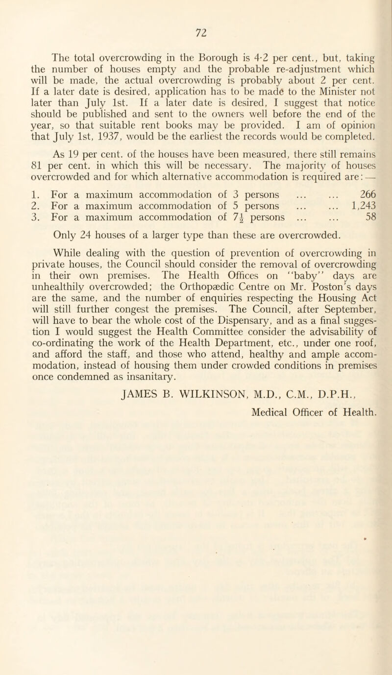 The total overcrowding in the Borough is 4-2 per cent., but, taking the number of houses empty and the probable re-adjustment which will be made, the actual overcrowding is probably about 2 per cent. If a later date is desired, application has to be made to the Minister not later than July 1st. If a later date is desired, I suggest that notice should be published and sent to the owners well before the end of the year, so that suitable rent books may be provided. I am of opinion that July 1st, 1937, would be the earliest the records would be completed. As 19 per cent, of the houses have been measured, there still remains 81 per cent, in which this will be necessary'. The majority of houses overcrowded and for which alternative accommodation is required are: — 1. For a maximum accommodation of 3 persons . 266 2. For a maximum accommodation of 5 persons . 1,243 3. For a maximum accommodation of 7| persons ... ... 58 Only 24 houses of a larger type than these are overcrowded. While dealing with the question of prevention of overcrowding in private houses, the Council should consider the removal of overcrowding in their own premises. The Health Offices on “baby” days are unhealthily overcrowded; the Orthopaedic Centre on Mr. Poston’s days are the same, and the number of enquiries respecting the Housing Act will still further congest the premises. The Council, after September, will have to bear the whole cost of the Dispensary, and as a final sugges¬ tion I would suggest the Health Committee consider the advisability of co-ordinating the work of the Health Department, etc., under one roof, and afford the staff, and those who attend, healthy and ample accom¬ modation, instead of housing them under crowded conditions in premises once condemned as insanitary. JAMES B. WILKINSON, M.D., C.M., D.P.H.,