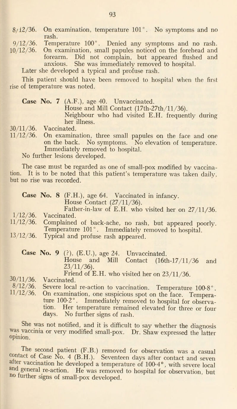 8/12/36. On examination, temperature 101°. No symptoms and no rash. 9/12/36. Temperature 100°. Denied any symptoms and no rash. 10/12/36. On examination, small papules noticed on the forehead and forearm. Did not complain, but appeared flushed and anxious. She was immediately removed to hospital. Later she developed a typical and profuse rash. This patient should have been removed to hospital when the first rise of temperature was noted. Case No. 7 (A.F.), age 40. Unvaccinated. House and Mill Contact (17th-27th/ll/36). Neighbour who had visited E.H. frequently during her illness. 30/11/36. Vaccinated. 11/12/36. On examination, three small papules on the face and one on the back. No symptoms. No elevation of temperature. Immediately removed to hospital. No further lesions developed. The case must be regarded as one of small-pox modified by vaccina¬ tion. It is to be noted that this patient’s temperature was taken daily, but no rise was recorded. Case No. 8 (F.H.), age 64. Vaccinated in infancy. House Contact (27/11/36). Father-in-law of E.H. who visited her on 27/11/36. Vaccinated. Complained of back-ache, no rash, but appeared poorly. Temperature 101°. Immediately removed to hospital. Typical and profuse rash appeared. 1/12/36 11/12/36 13/12/36 Case No. 9 (?), (E.U.), age 24. Unvaccinated. House and Mill Contact (16th-17/l 1/36 and 23/11/36). Friend of E.H. who visited her on 23/11/36. 30/11/36. Vaccinated. 8/12/36. Severe local re-action to vaccination. Temperature 100-8°. 11/12/36. On examination, one suspicious spot on the face. Tempera¬ ture 100-2°. Immediately removed to hospital for observa¬ tion. Her temperature remained elevated for three or four days. No further signs of rash. She was not notified, and it is difficult to say whether the diagnosis was vaccinia or very modified small-pox. Dr. Shaw expressed the latter opinion. The second patient (F.B.) removed for observation was a casual contact of Case No. 4 (B.H.). Seventeen days after contact and seven atter vaccination he developed a temperature of 100-4°, with severe local and general re-action. He was removed to hospital for observation, but no further signs of small-pox developed.