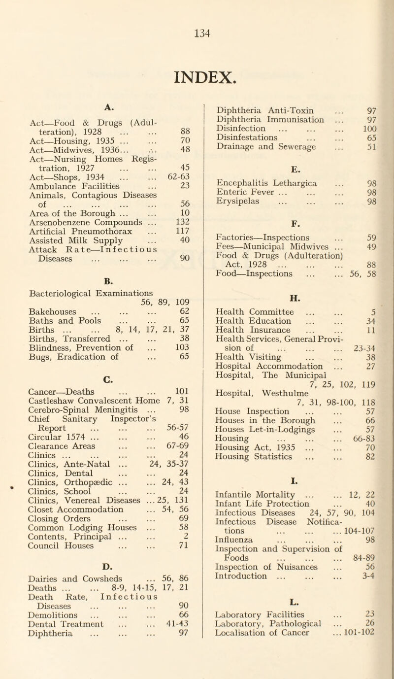 INDEX. A. Act—Food & Drugs (Adul¬ teration), 1928 ... ... 88 Act—Housing, 1935 ... ... 70 Act—Midwives, 1936... . 48 Act—Nursing Homes Regis¬ tration, 1927 ... ... 45 Act—Shops, 1934 ... ... 62-63 Ambulance Facilities ... 23 Animals, Contagious Diseases of . 56 Area of the Borough ... ... 10 Arsenobenzene Compounds ... 132 Artificial Pneumothorax ... 117 Assisted Milk Supply ... 40 Attack Rat e—I nfectious Diseases ... ... ... 90 B. Bacteriological Examinations 56, 89, 109 Bakehouses ... ... ... 62 Baths and Pools ... ... 65 Births. 8, 14, 17, 21, 37 Births, Transferred ... ... 38 Blindness, Prevention of ... 103 Bugs, Eradication of ... 65 C. Cancer—Deaths ... ... 101 Castleshaw Convalescent Home 7, 31 Cerebro-Spinal Meningitis ... 98 Chief Sanitary Inspector’s Report ... ... ... 56-57 Circular 1574 ... ... ... 46 Clearance Areas ... ... 67-69 Clinics ... ... ... ... 24 Clinics, Ante-Natal ... 24, 35-37 Clinics, Dental ... ... 24 Clinics, Orthopaedic ... ... 24, 43 Clinics, School ... ... 24 Clinics, Venereal Diseases ...25, 131 Closet Accommodation ... 54, 56 Closing Orders ... ... 69 Common Lodging Houses ... 58 Contents, Principal ... ... 2 Council Houses ... ... 71 D. Dairies and Cowsheds ... 56, 86 Deaths. 8-9, 14-15, 17, 21 Death Rate, Infectious Diseases ... ... ... 90 Demolitions ... ... ... 66 Dental Treatment ... ... 41-43 Diphtheria ... ... ... 97 Diphtheria Anti-Toxin ... 97 Diphtheria Immunisation ... 97 Disinfection ... ... ... 100 Disinfestations ... ... 65 Drainage and Sewerage ... 51 E. Encephalitis Lethargica ... 98 Enteric Fever ... ... ... 98 Erysipelas ... . 98 F. Factories—Inspections ... 59 Fees—Municipal Midwives ... 49 Food & Drugs (Adulteration) Act, 1928 . 88 Food—Inspections ... ... 56, 58 H. Health Committee ... ... 5 Health Education ... ... 34 Health Insurance ... ... 11 Health Services, General Provi¬ sion of ... ... ... 23-34 Health Visiting ... ... 38 Hospital Accommodation ... 27 Hospital, The Municipal 7, 25, 102, 119 Hospital, Westhulme 7, 31, 98-100, 118 House Inspection ... ... 57 Houses in the Borough ... 66 Houses Let-in-Lodgings ... 57 Housing ... ... ... 66-83 Housing Act, 1935 . 70 Housing Statistics ... ... 82 I. Infantile Mortality ... ... 12, 22 Infant Life Protection ... 40 Infectious Diseases 24, 57, 90, 104 Infectious Disease Notifica¬ tions ... ... ... 104-107 Influenza ... ... ... 98 Inspection and Supervision of Foods ... ... ... 84-89 Inspection of Nuisances ... 56 Introduction ... ... ... 3-4 L. Laboratory Facilities ... 23 Laboratory, Pathological ... 26 Localisation of Cancer ... 101-102