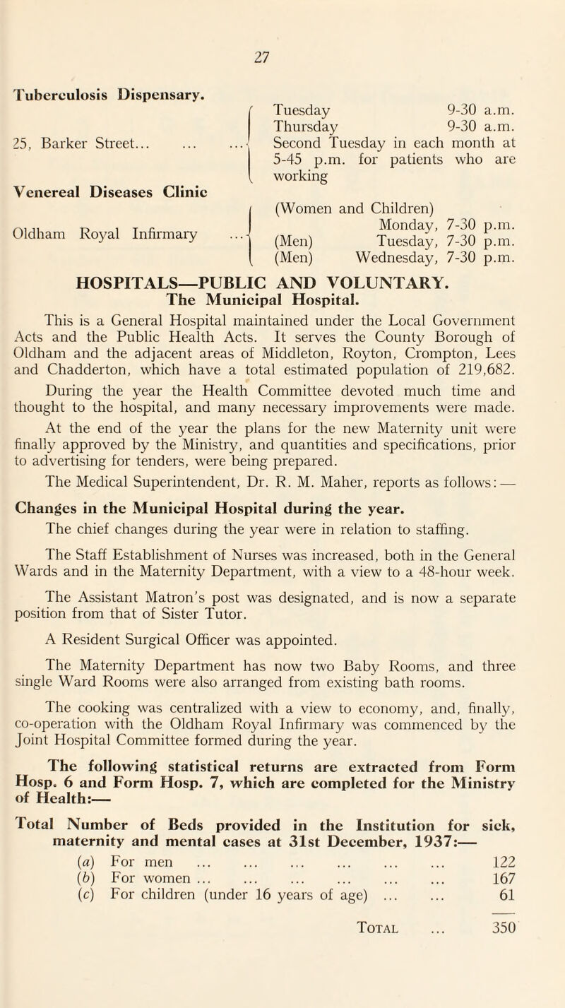 Tuberculosis Dispensary. 25, Barker Street... Venereal Diseases Clinic Oldham Royal Infirmary Tuesday 9-30 a.m. Thursday 9-30 a.m. Second Tuesday in each month at 5-45 p.m. for patients who are working (Women and Children) Monday, 7-30 p.m. (Men) Tuesday, 7-30 p.m. (Men) Wednesday, 7-30 p.m. HOSPITALS—PUBLIC AND VOLUNTARY. The Municipal Hospital. This is a General Hospital maintained under the Local Government Acts and the Public Health Acts. It serves the County Borough of Oldham and the adjacent areas of Middleton, Roy ton, Crompton, Lees and Chadderton, which have a total estimated population of 219,682. During the year the Health Committee devoted much time and thought to the hospital, and many necessary improvements were made. At the end of the year the plans for the new Maternity unit were finally approved by the Ministry, and quantities and specifications, prior to advertising for tenders, were being prepared. The Medical Superintendent, Dr. R. M. Maher, reports as follows: — Changes in the Municipal Hospital during the year. The chief changes during the year were in relation to staffing. The Staff Establishment of Nurses was increased, both in the General Wards and in the Maternity Department, with a view to a 48-hour week. The Assistant Matron’s post was designated, and is now a separate position from that of Sister Tutor. A Resident Surgical Officer was appointed. The Maternity Department has now two Baby Rooms, and three single Ward Rooms were also arranged from existing bath rooms. The cooking was centralized with a view to economy, and, finally, co-operation with the Oldham Royal Infirmary was commenced by the Joint Hospital Committee formed during the year. The following statistical returns are extracted from Form Hosp. 6 and Form Hosp. 7, which are completed for the Ministry of Health:— Total Number of Beds provided in the Institution for sick, maternity and mental eases at 31st December, 1937:— {a) For men 122 ib) For women ... 167 (c) For children (under 16 years of age) ... 61