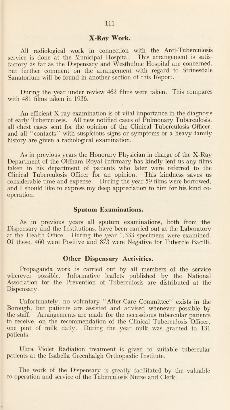 X-Ray Work. All radiological work in connection with the Anti-Tuberculosis service is done at the Municipal Hospital. This arrangement is satis¬ factory as far as the Dispensary and Westhnlme Hospital are concerned, but further comment on the arrangement with regard to Strinesdale Sanatorium will be found in another section of this Report. During the year under review 462 films were taken. This compares with 481 films taken in 1936. An efficient X-ray examination is of vital importance in the diagnosis of earlj^ Tuberculosis. All new notified cases of Pulmonaiy Tuberculosis, all chest cases sent for the opinion of the Clinical Tuberculosis Officer, and all “contacts” with suspicious signs or symptoms or a heavy family history are given a radiological examination. As in previous years the Honorary Physician in charge of the X-Ray Department of the Oldham Royal Infirmary has kindly lent us any films taken in his department of patients who later were referred to the Clinical Tuberculosis Officer for an opinion. This kindness saves us considerable time and expense. During the year 59 films were borrowed, and I should like to express my deep appreciation to him for his kind co¬ operation. Sputum Examinations. As in previous years all sputum examinations, both from the Dispensary and the Institutions, have been carried out at the Laboratory at the Health Office. During the year 1,333 specimens were examined. Of these, 460 were Positive and 873 were Negative for Tubercle Bacilli. Other Dispensary Activities. Propaganda work is carried out by all members of the service wherever possible. Informath'e leaflets published by the National Association for the Prevention of Tuberculosis are distributed at the Dispensary. Unfortunately, no voluntary “After-Care Committee” exists in the Borough, but patients are assisted and advised whenever possible by the staff. Arrangements are made for the necessitous tubercular patients to receive, on the recommendation of the Clinical Tuberculosis Officer, one pint of milk dail}^ During the year milk was granted to 131 patients. Ultra Violet Radiation treatment is given to suitable tubercular patients at the Isabella Greenhalgh Orthopaedic Institute. The work of the Dispensary is greatly facilitated by the valuable co-operation and service of the Tuberculosis Nurse and Clerk.