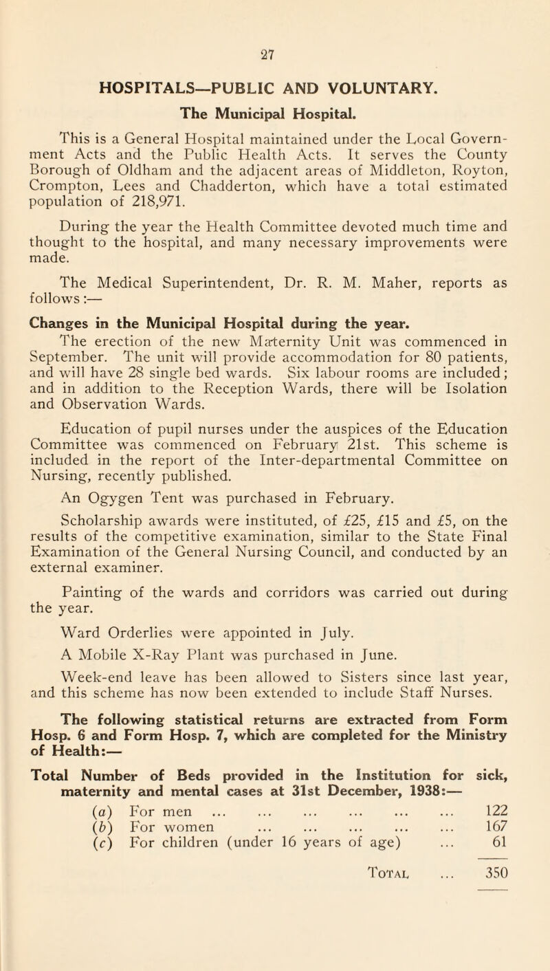 HOSPITALS—PUBLIC AND VOLUNTARY. The Municipal Hospital. This is a General Hospital maintained under the Local Govern¬ ment Acts and the Public Health Acts. It serves the County Borough of Oldham and the adjacent areas of Middleton, Royton, Crompton, Lees and Chadderton, which have a total estimated population of 218,971. During the year the Health Committee devoted much time and thought to the hospital, and many necessary improvements were made. The Medical Superintendent, Dr. R. M. Maher, reports as follows:— Changes in the Municipal Hospital during the year. The erection of the new Ma-ternity Unit was commenced in September. The unit will provide accommodation for 80 patients, and will have 28 single bed wards. Six labour rooms are included; and in addition to the Reception Wards, there will be Isolation and Observation Wards. Education of pupil nurses under the auspices of the Education Committee was commenced on February 21st. This scheme is included in the report of the Inter-departmental Committee on Nursing, recently published. An Ogygen Tent was purchased in February. Scholarship awards were instituted, of £25, £15 and £5, on the results of the competitive examination, similar to the State Final Examination of the General Nursing Council, and conducted by an external examiner. Painting of the wards and corridors was carried out during the year. Ward Orderlies were appointed in July. A Mobile X-Ray Plant was purchased in June. Week-end leave has been allowed to Sisters since last year, and this scheme has now been extended to include Staff Nurses. The following statistical returns are extracted from Form Hosp. 6 and Form Hosp. 7, which are completed for the Ministry of Health:— Total Number of Beds provided in the Institution for sick, maternity and mental cases at 31st December, 1938:— (a) For men ... ... ... ... ... ... 122 (b) For women ... ... ... ... ... 167 (c) For children (under 16 years of age) ... 61