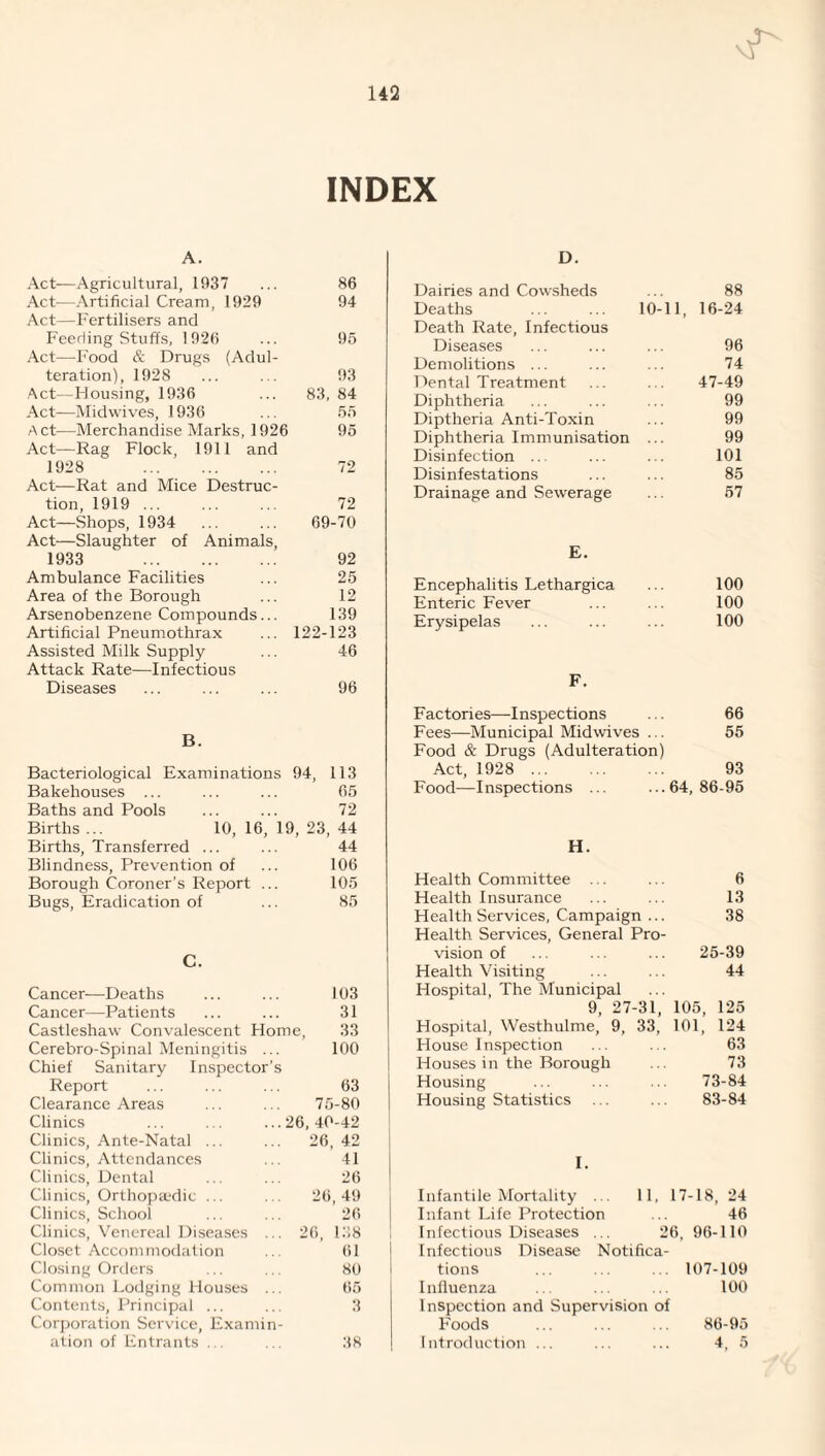 A. D. Act—Agricultural, 1937 ... 86 Act—Artificial Cream, 1929 94 Act—Fertilisers and Feeding Stuffs, 1926 ... 95 Act—Food & Drugs (Adul¬ teration), 1928 ... ... 93 Act—Housing, 1936 ... 83, 84 Act—Midwives, 1936 ... 55 Act—Merchandise Marks, 1926 95 Act—Rag Flock, 1911 and 1928 72 Act—Rat and Mice Destruc¬ tion, 1919 ... ... ... 72 Act—Shops, 1934 69-70 Act—Slaughter of Animals, 1933 92 Ambulance Facilities ... 25 Area of the Borough ... 12 Arsenobenzene Compounds... 139 Artificial Pneumothrax ... 122-123 Assisted Milk Supply ... 46 Attack Rate—Infectious Diseases ... ... ... 96 B. Bacteriological Examinations 94, 113 Bakehouses ... ... ... 65 Baths and Pools ... ... 72 Births... 10,16,19,23,44 Births, Transferred ... 44 Blindness, Prevention of 106 Borough Coroner’s Report ... 105 Bugs, Eradication of 85 C. Cancer—Deaths 103 Cancer—Patients 31 Castleshaw Convalescent Home, 33 Cerebro-Spinal Meningitis ... Chief Sanitary Inspector’s 100 Report 63 Clearance Areas 75-80 Clinics 26, 40-42 Clinics, Ante-Natal ... 26, 42 Clinics, Attendances 41 Clinics, Dental 26 Clinics, Orthopa;dic ... Clinics, School 26, 49 26 Clinics, Venereal Diseases ... 26, 138 Closet Accommodation 61 Closing Orders 80 Common Lodging Houses ... 65 Contents, Principal ... Corporation Service, Examin¬ 3 Dairies and Cowsheds 88 Deaths ... ... 10- 11, 16-24 Death Rate, Infectious Diseases 96 Demolitions ... 74 Dental Treatment 47-49 Diphtheria 99 Diptheria Anti-Toxin 99 Diphtheria Immunisation ... 99 Disinfection ... 101 Disinfestations 85 Drainage and Sewerage 57 E. Encephalitis Lethargica 100 Enteric Fever 100 Erysipelas 100 F. Factories—Inspections 66 Fees—Municipal Midwives ... 55 Food & Drugs (Adulteration) Act, 1928 . 93 Food—Inspections ... 64, 86-95 H. Health Committee ... 6 Health Insurance 13 Health Services, Campaign ... 38 Health Services, General Pro¬ vision of 25-39 Health Visiting 44 Hospital, The Municipal 9, 27-31, 105, 125 Hospital, Westhulme, 9, 33, 101, 124 House Inspection 63 Houses in the Borough 73 Housing 73-84 Housing Statistics 83-84 I. Infantile Mortality ... 11, 17-18, 24 Infant Life Protection ... 46 Infectious Diseases ... 26, 96-110 Infectious Disease Notifica¬ tions ... ... . . 107-109 Influenza .. ... ... 100 Inspection and Supervision of Foods ... ... ... 86-95