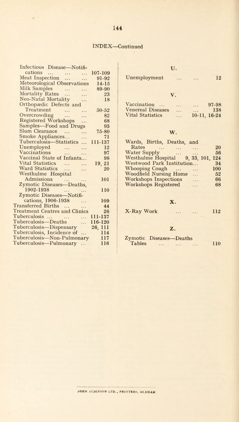 INDEX—Continued Infectious Disease—Notifi- cations ... 107-109 Meat Inspection ... 91-92 Meteorological Observations 14-15 Milk Samples 89-90 Mortality Rates ... 23 Neo-Natal Mortality 18 Orthopaedic Defects and Treatment 50-52 Overcrowding 82 Registered Workshops 68 Samples—Food and Drugs 93 Slum Clearance 75-80 Smoke Appliances... 71 Tuberculosis—Statistics ... 111-137 Unemployed 12 Vaccinations 97 Vaccinal State of Infants... 98 Vital Statistics 19, 21 Ward Statistics 20 Westhulme Hospital Admissions 101 Zymotic Diseases—Deaths, 1902-1938 . 110 Zymotic Diseases—Notifi¬ cations, 1906-1938 109 Transferred Births ... 44 Treatment Centres and Clinics 26 Tuberculosis ... 111-137 Tuberculosis—Deaths 116-120 Tuberculosis—Dispensary 26, 111 Tuberculosis, Incidence of ... 114 Tuberculosis—Non-Pulmonary 117 Tuberculosis—Pulmonary ... 116 U. Unemployment 12 V. Vaccination ... ... ... 97-98 Venereal Diseases ... ... 138 Vital Statistics ... 10-11, 16-24 W. Wards, Births, Deaths, and Rates ... ... ... 20 Water Supply ... ... 56 Westhulme Hospital 9, 33, 101, 124 Westwood Park Institution... 34 Whooping Cough ... ... 100 Woodfield Nursing Home ... 52 Workshops Inspections ... 66 Workshops Registered ... 68 X-Ray Work X. z. Zymotic Diseases—Deaths Tables 112 110 JOHN M.UINSON LTD., TRINTKRN, OIDHAJU