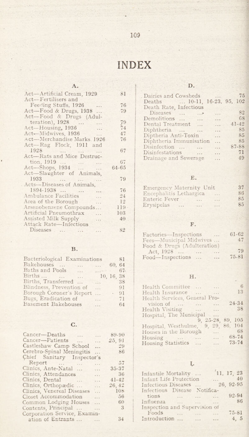109 INDEX A. Act—Artificial Cream.'1929 81 Act—Fertilisers and Feeding Stuffs, 1926 76 Act—Food & Drugs, 1938 ... 79 Act—Food & Drugs (Adul¬ teration), 1928 79 Act—Housing, 1936 74 Act-—Mid wives, 1936 47 Act—Merchandise Marks. 1926 76 Act—Rag Flock, 1911 and 1928 . 67 Act—Rats and Mice Destruc¬ tion, 1919 ... 67 Act—Shops, 1934 64-65 Act—Slaughter of Animals, 1933 . 79 Acts—Diseases of Animals, 1894-1938 . 76 Ambulance Facilities 24 Area of the Borough 12 Arsenobenzene Compounds... 119 Artificial Pneumothrax 103 Assisted Milk Supply 40 Attack Rate—Infectious Diseases 82 B. Bacteriological Examinations 81 Bakehouses 60, 64 Baths and Pools ... ...-- 67- Births... ... ... 10, 16, 38 Births, Transferred ... 38 Blindness, Prevention of 91 Borough Coroner's Report ... - 91 Bugs, Eradication of 71 Basement Bakehouses 64 C. Cancer—Deaths 89-90 Cancer—Patients 25, 91 Castleshaw Camp School 29 Cerebro-Spinal Meningitis ... 86 Chief Sanitary Inspector’s Report 57 Clinics, Ante-Natal ... 35-37 Clinics, Attendances 36 Clinics, Dental 41-42 Clinics, Orthopaedic ... 26, 42 Clinics, Venereal Diseases ... 108 Closet Accommodation 56 Common Lodging Houses ... 60 Contents, Principal ... 3 Corporation Service, Examin¬ D. . Dairies and Cowsheds ... 75 Deaths ... 10-11, 16-23, 95, 102 f Death Rate, Infectious Diseases 82 Demolitions ... 68 Dental Treatment 41-42 Diphtheria 85 Diptheria Anti-Toxin 85 Diphtheria Immunisation ... 85 Disinfection ... 87-88 Disinfestations 71 Drainage and Sewerage 49 E. Emergency Maternity Unit 37 Encephalitis Lethargica 86 Enteric Fever 85 Erysipelas 85 F. Factories—Inspections 61-62 Fees—Municipal Mid wives ... 47 Food & Drugs (Adulteration) Act, 1928 ... . 79 Food—Inspections ... 75-81 H. Health Committee ... 6 Health Insurance 13 Health Services, General Pro¬ vision of 24-34 Health Visiting 38 Hospital, The Municipal 9, 25-28, 89, 105 Hospital, Westhulme, 9, 29, 86, 104 Houses in the Borough 68 Housing • 68-74 Housing Statistics ... 73-74 i. Infantile Mortality ... 11, 17, 23 Infant Life Protection 40 Infectious Diseases ... 26, Infectious Disease Notifica¬ 92-95 tions 92-94 Influenza 86 Inspection and Supervision of Foods 75-81