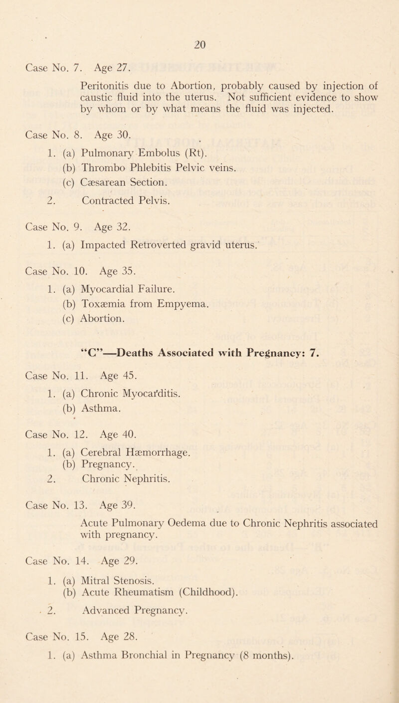 Case No. 7. Age 27. Peritonitis due to Abortion, probably caused by injection of caustic fluid into the uterus. Not sufficient evidence to show by whom or by what means the fluid was injected. Case No. 8. Age 30. 1. (a) Pulmonary Embolus (Rt). (b) Thrombo Phlebitis Pelvic veins. (c) Caesarean Section. 2. Contracted Pelvis. Case No. 9. Age 32. 1. (a) Impacted Retroverted gravid uterus. Case No. 10. Age 35. 1. (a) Myocardial Failure. (b) Toxaemia from Empyema. (c) Abortion. “C”—Deaths Associated with Pregnancy: 7. Case No. 11. Age 45. 1. (a) Chronic Myocar'ditis. (b) Asthma. Case No. 12. Age 40. 1. (a) Cerebral Haemorrhage. (b) Pregnancy. 2. Chronic Nephritis. Case No. 13. Age 39. Acute Pulmonary Oedema due to Chronic Nephritis associated with pregnancy. Case No. 14. Age 29. 1. (a) Mitral Stenosis. (b) Acute Rheumatism (Childhood). . 2. Advanced Pregnancy. Case No. 15. Age 28. 1. (a) Asthma Bronchial in Pregnancy (8 months).