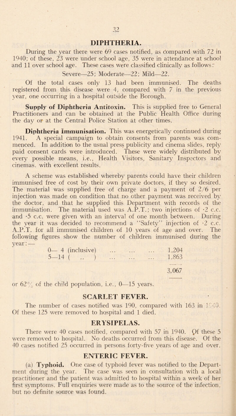 DIPHTHERIA. During the year there were 69 cases notified, as Compared with 72 in 1940; of these, 23 were under school age, 35 were in attendance at school and 11 over school age. These cases were classified clinically as follows: Severe—25; Moderate—22; Mild—22. Of the total cases only 13 had been immunised. The deaths registered from this disease were 4, compared with 7 in the previous year, one occurring in a hospital outside the Borough. Supply of Diphtheria Antitoxin. This is supplied free to General Practitioners and can be obtained at the Public Health Office during the day or at the Central Police Station at other times. Diphtheria Immunisation. This was energetically continued during 1941. A special campaign to obtain consents from parents was com¬ menced. In addition to the usual press publicity and cinema slides, reply paid consent cards were introduced. These were widely distributed by every possible means, i.e., Health Visitors, Sanitary Inspectors and cinemas, with excellent results. A scheme was established whereby parents could have their children immunised free of cost by their own private doctors, if they so desired. The material was supplied free of charge and a payment of 2/6 per injection was made on condition that no other payment was received by the doctor, and that he supplied this Department with records of the immunisation. The material used was A.P.T.; two injections of -2 c.c. and *5 c.c. were given with an interval of one month between. During the year it was decided to recommend a “Safety” injection of *2 c.c. A.P.T. for all immunised children of 10 years of age and over. The following figures show the number of children immunised during the year:— 0— 4 (inclusive) ... ... ... 1,204 5—14 ( ,, ) . 1,863 3„067 or 62% of the child population, i.e., 0—15 years. SCARLET FEVER. The number of cases notified was 190, compared with 163 in ICO. Of these 125 were removed to hospital and 1 died. ERYSIPELAS. There were 40 cases notified, compared with 57 in 1940. £)f these 5 were removed to hospital. No deaths occurred from this disease. Of the 40 cases notified 25 occurred in persons forty-five years of age and over. ENTERIC FEVER. (a) Typhoid. One case of typhoid fever was notified to the Depart¬ ment during the year. The case was seen in consultation with a local practitioner and the patient was admitted to hospital within a week of her first symptoms. Full enquiries were made as to the source of the infection, but no definite source was found.