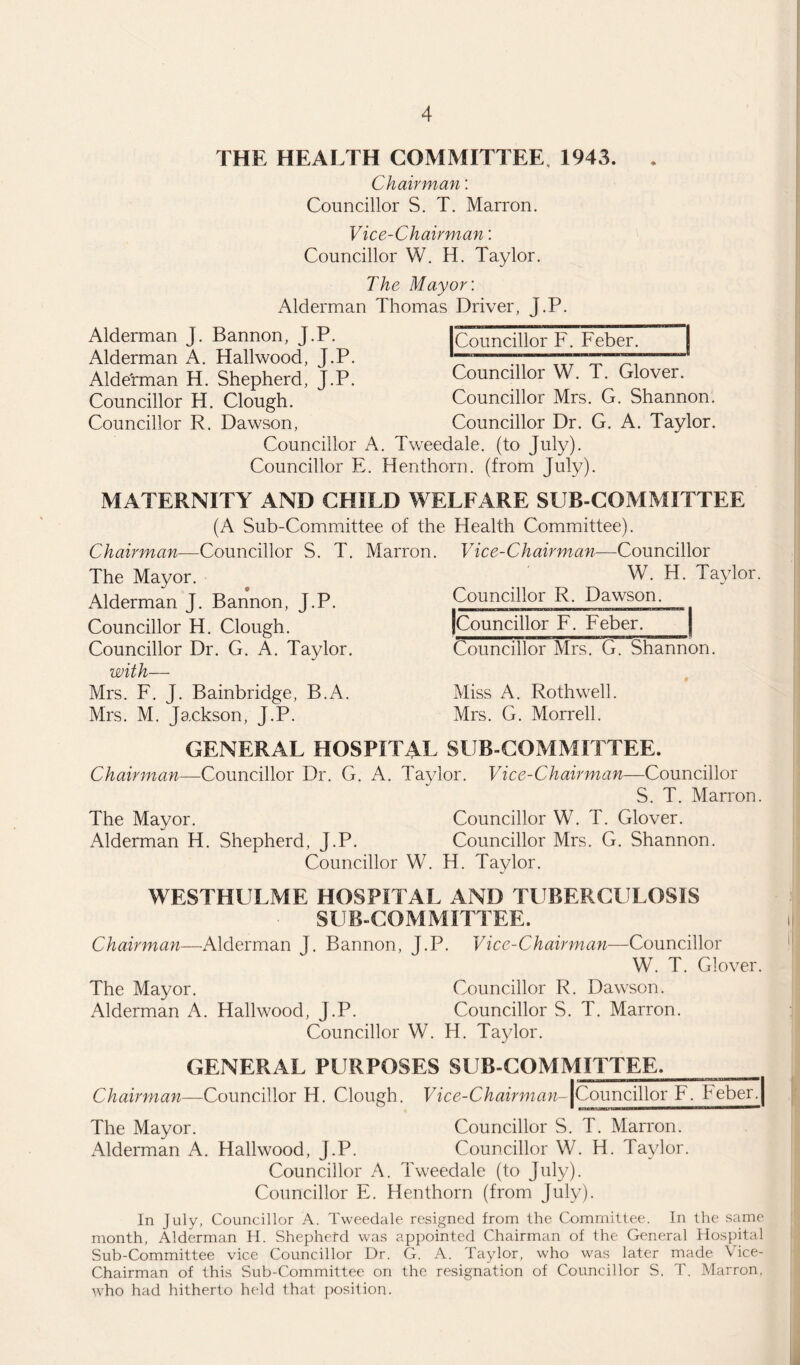 THE HEALTH COMMITTEE 1943. Chairman: Councillor S. T. Marron. Vice-Chairman: Councillor W. H. Taylor. The Mayor: Alderman Thomas Driver, J.P. Alderman J. Bannon, J.P. Alderman A. Hailwood, J.P. Alde'rman H. Shepherd, J.P. Councillor H. Clough. Councillor R. Dawson, Councillor F. Feber. Councillor W. T. Glover. Councillor Mrs. G. Shannon. Councillor Dr. G. A. Taylor. Councillor A. Tweedale. (to July). Councillor E. Hen thorn, (from July). MATERNITY AND CHILD WELFARE SUB COMMITTEE (A Sub-Committee of the Health Committee). Chairman—Councillor S. T. Marron. Vice-Chairman—Councillor The Mayor. W. H. Taylor. Alderman J. Bannon, J.P. Councillor R, Dawson. Councillor H. Clough. [Councillor F. Feber. Councillor Dr. G. A. Taylor. Councillor Mrs. G. Shannon. with— Mrs. F. J. Bainbridge, B.A. Miss A. Roth well. Mrs. M. Jackson, J.P. Mrs. G. Morrell. GENERAL HOSPITAL SUB-COMMITTEE. Chairman—Councillor Dr. G. A. Taylor. Vice-Chairman—Councillor S. T. Marron. The Mayor. Councillor W. T. Glover. Alderman H. Shepherd, J.P. Councillor Mrs. G. Shannon. Councillor W. H. Taylor. WESTHULME HOSPITAL AND TUBERCULOSIS SUB-COMMITTEE. Chairman—Alderman J. Bannon, J.P. Vice-Chairman—Councillor W. T. Glover. The Mayor. Councillor R. Dawson. Alderman A. Hailwood, J.P. Councillor S. T. Marron. Councillor W. H. Taylor. GENERAL PURPOSES SUB-COMMITTEE. Chairman—Councillor H. Clough. Vice-Chairman-[Councillor F. Feber.[ The Mayor. Councillor S. T. Marron. xAlderman A. Hailwood, J.P. Councillor W. H. Taylor. Councillor A. Tweedale (to July). Councillor E. Henthorn (from July). In July, Councillor A. Tweedale resigned from the Committee. In the same month, Alderman H. Shepherd was appointed Chairman of the General Hospital Sub-Committee vice Councillor Dr. G. A. Taylor, who was later made Vice- Chairman of this Sub-Committee on the resignation of Councillor S. T. Marron, who had hitherto held that position.