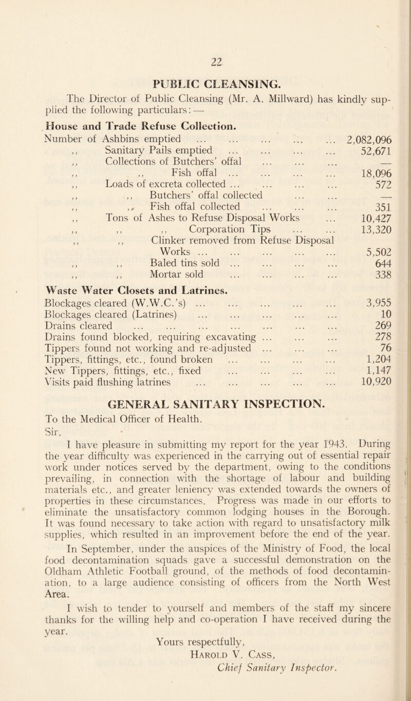 PUBLIC CLEANSING. The Director of Public Cleansing (Mr. A. Millward) has kindly sup¬ plied the following particulars: — House and Trade Refuse Collection. Number of Ashbins emptied ... ... ... ... ... 2,082,096 ,, Sanitary Pails emptied ... ... ... ... 52,671 ,, Collections of Butchers’ offal ... ... ... — ,, ,, Fish offal. 18,096 ,, Loads of excreta collected ... ... ... ... 572 ,, ,, Butchers’ offal collected ... ... —. ,, ,, Fish offal collected ... ... ... 351 ,, Tons of Ashes to Refuse Disposal Works ... 10,427 ,, ,, ,, Corporation Tips . 13,320 ,, ,, Clinker removed from Refuse Disposal Works. 5,502 ,, ,, Baled tins sold ... ... ... ... 644 ,, ,, Mortar sold . ... 338 Waste Water Closets and Latrines. Blockages cleared (W.W.C.’s) ... ... ... ... ... 3,955 Blockages cleared (Latrines) ... ... ... ... ... 10 Drains cleared ... ... ... ... ... ... ... 269 Drains found blocked, requiring excavating ... ... ... 278 Tippers found not working and re-adjusted ... ... ... 76 Tippers, fittings, etc., found broken ... ... ... ... 1,204 New Tippers, fittings, etc., fixed ... ... ... ... 1,147 Visits paid flushing latrines ... ... ... ... ... 10,920 GENERAL SANITARY INSPECTION. To the Medical Officer of Health. Sir, I have pleasure in submitting my report for the year 1943. During the year difficulty was experienced in the carrying out of essential repair work under notices served by the department, owing to the conditions prevailing, in connection with the shortage of labour and building materials etc., and greater leniency was extended towards the owners of properties in these circumstances. Progress was made in our efforts to eliminate the unsatisfactory common lodging houses in the Borough. It was found necessary to take action with regard to unsatisfactory milk supplies, which resulted in an improvement before the end of the year. In September, under the auspices of the Ministry of Food, the local food decontamination squads gave a successful demonstration on the Oldham Athletic Football ground, of the methods of food decontamin¬ ation, to a large audience consisting of officers from the North West Area. I wish to tender to yourself and members of the staff my sincere thanks for the willing help and co-operation I have received during the year. Yours respectfully, Harold V. Cass, Chief Sanitary Inspector.