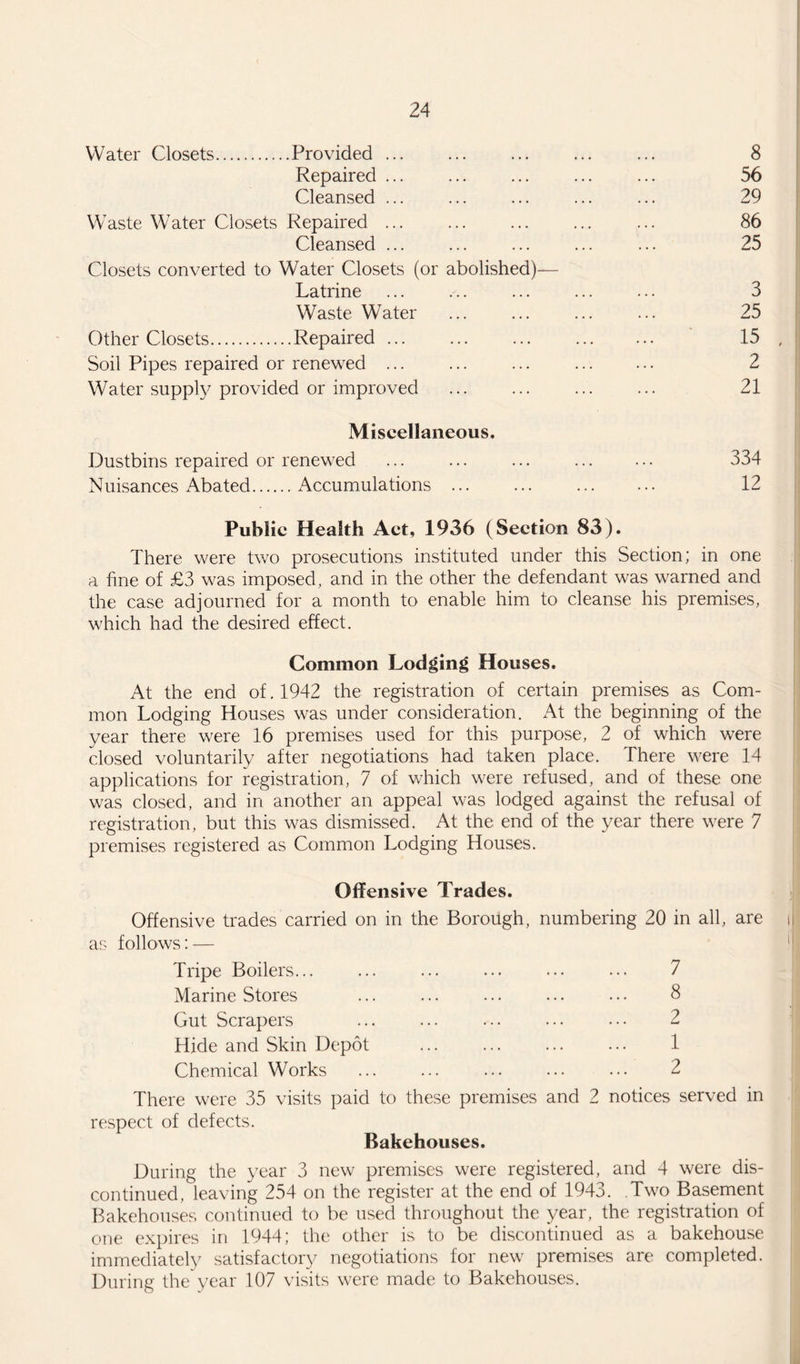Water Closets.Provided. Repaired ... Cleansed ... Waste Water Closets Repaired ... Cleansed ... Closets converted to Water Closets (or abolished)— Latrine Waste Water Other Closets.Repaired. Soil Pipes repaired or renewed ... Water supply provided or improved . Miscellaneous, Dustbins repaired or renewed Nuisances Abated.Accumulations ... 8 56 29 86 25 3 25 15 2 21 334 12 Public Health Act, 1936 (Section 83). There were two prosecutions instituted under this Section; in one a fine of £3 was imposed, and in the other the defendant was warned and the case adjourned for a month to enable him to cleanse his premises, which had the desired effect. Common Lodging Houses. At the end of. 1942 the registration of certain premises as Com¬ mon Lodging Houses was under consideration. At the beginning of the year there were 16 premises used for this purpose, 2 of which were closed voluntarily after negotiations had taken place. There were 14 applications for registration, 7 of which were refused, and of these one was closed, and in another an appeal was lodged against the refusal of registration, but this was dismissed. At the end of the year there were 7 premises registered as Common Lodging Houses. Offensive Trades. Offensive trades carried on in the Borough, numbering 20 in all, are as follows: — Tripe Boilers... Marine Stores Gut Scrapers Hide and Skin Depot Chemical Works 7 8 2 1 2 There were 35 visits paid to these premises and 2 notices served in respect of defects. Bakehouses. During the year 3 new premises were registered, and 4 were dis¬ continued, leaving 254 on the register at the end of 1943. Two Basement Bakehouses continued to be used throughout the year, the registration of one expires in 1944; the other is to be discontinued as a bakehouse immediately satisfactory negotiations for new premises are completed. During the year 107 visits were made to Bakehouses.