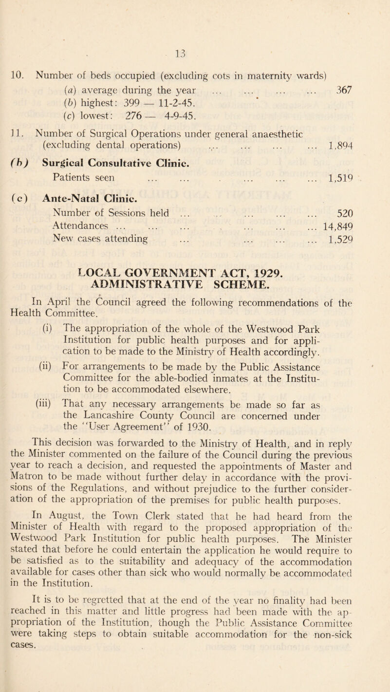 10. Number of beds occupied (excluding cots in maternity wards) (a) average during the year ... ... . 367 (b) highest: 399 — 11-2-45. (c) lowest: 276— 4-9-45. 11. Number of Surgical Operations under general anaesthetic (excluding dental operations) ... ... ... ... 1,894 (h) Surgical Consultative Clinic. Patients seen . . 1,519 (c) Ante-Natal Clinic. Number of Sessions held ... ... ... ... 520 Attendances ... ... ... . ... ... 14,849 New cases attending ... ... ... ... 1,529 LOCAL GOVERNMENT ACT, 1929. ADMINISTRATIVE SCHEME. * In April the Council agreed the following recommendations of the Health Committee. (i) The appropriation of the whole of the Westwood Park Institution for public health purposes and for appli¬ cation to be made to the Ministry of Health accordingly. (ii) For arrangements to be made by the Public Assistance Committee for the able-bodied inmates at the Institu¬ tion to be accommodated elsewhere. (iii) That any necessary arrangements be made so far as the Lancashire County Council are concerned under the User Agreement” of 1930. This decision was forwarded to the Ministry of Health, and in reply the Minister commented on the failure of the Council during the previous year to reach a decision, and requested the appointments of Master and Matron to be made without further delay in accordance with the provi¬ sions of the Regulations, and without prejudice to the further consider¬ ation of the appropriation of the premises for public health purposes. In August, the Town Clerk stated that he had heard from the Minister of Health with regard to the proposed appropriation of the Westwood Park Institution for public health purposes. The Minister stated that before he could entertain the application he would require to be satisfied as to the suitability and adequacy of the accommodation available for cases other than sick who would normally be accommodated in the Institution. It is to be regretted that at the end of the year no finality had been reached in this matter and little progress had been made with the ap¬ propriation of the Institution, though the Public Assistance Committee were taking steps to obtain suitable accommodation for the non-sick cases.