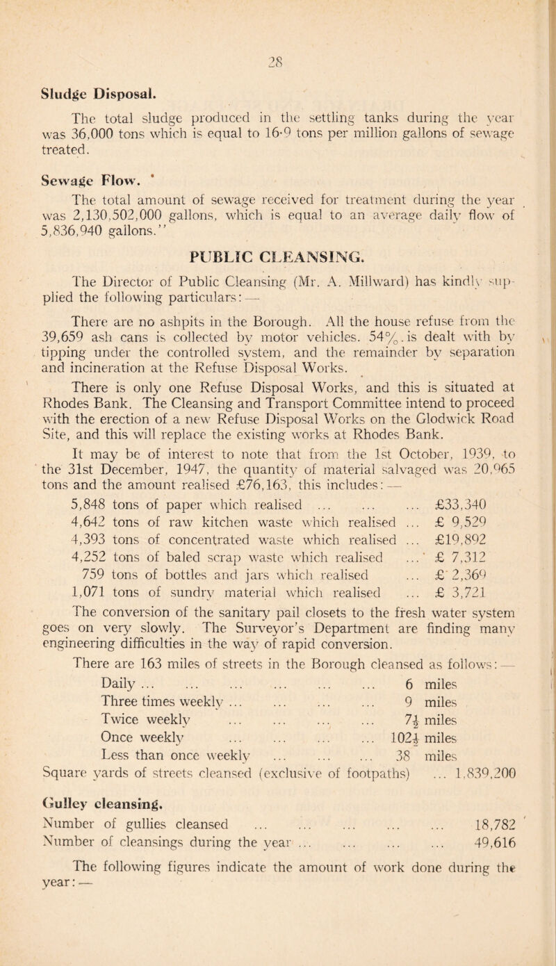 Sludge Disposal. The total sludge produced in the settling tanks during the year was 36,000 tons which is equal to 16-9 tons per million gallons of sewage treated. Sewage Flow. The total amount of sewage received for treatment during the year was 2,130,502,000 gallons, which is equal to an average daily flow of 5,836,940 gallons.” PUBLIC CLEANSING. The Director of Public Cleansing (Mr. A. Millward) has kindly sup¬ plied the following particulars: — There are no ashpits in the Borough. All the house refuse from the 39,659 ash cans is collected by motor vehicles. 54%. is dealt with by tipping under the controlled system, and the remainder by separation and incineration at the Refuse Disposal Works. There is only one Refuse Disposal Works, and this is situated at Rhodes Bank. The Cleansing and Transport Committee intend to proceed with the erection of a new Refuse Disposal Works on the Glodwick Road Site, and this will replace the existing works at Rhodes Bank. It may be of interest to note that from the 1st October, 1939, to the 31st December, 1947, the quantity of material salvaged was 20,965 tons and the amount realised £76,163, this includes: — 5,848 tons of paper which realised ... ... ... £33,340 4,642 tons of raw kitchen waste which realised ... £ 9,529 4,393 tons of concentrated waste which realised ... £19,892 4,252 tons of baled scrap waste which realised ...' £ 7,312 759 tons of bottles and jars which realised ... £'2,369 1,071 tons of sundry material which realised ... £ 3,721 The conversion of the sanitary pail closets to the fresh water system goes on very slowly. The Surveyor’s Department are finding many engineering difficulties in the way of rapid conversion. There are 163 miles of streets in the Borough cleansed as follows Daily. 6 miles Three times weekly. 9 miles Twice weekly .. ... 7\ miles Once weekly . 1024 miles Less than once weekly ... . 38 miles Square yards of streets cleansed (exclusive of footpaths) ... 1,839,200 Gulley cleansing. Number of gullies cleansed ... ... ... . 18,782 Number of cleansings during the year ... ... ... ... 49,616 The following figures indicate the amount of work done during the year:—