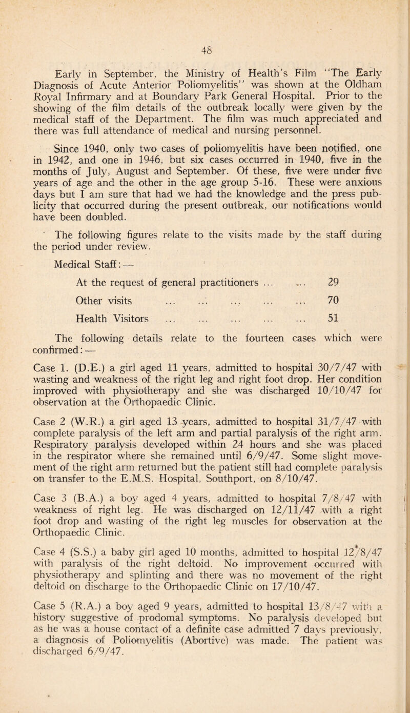 Early in September, the Ministry of Health’s Film ‘The Early Diagnosis of Acute Anterior Poliomyelitis” was shown at the Oldham Royal Infirmary and at Boundary Park General Hospital. Prior to the showing of the film details of the outbreak locally were given by the medical staff of the Department. The film was much appreciated and there was full attendance of medical and nursing personnel. Since 1940, only two cases of poliomyelitis have been notified, one in 1942, and one in 1946, but six cases occurred in 1940, five in the months of July, August and September. Of these, five were under five years of age and the other in the age group 5-16. These were anxious days but I am sure that had we had the knowledge and the press pub¬ licity that occurred during the present outbreak, our notifications would have been doubled. The following figures relate to the visits made by the staff during the period under review. Medical Staff: — At the request of general practitioners ... 29 Other visits 70 Health Visitors . 51 The following details relate to the fourteen cases which were confirmed: — Case 1. (D.E.) a girl aged 11 years, admitted to hospital 30/7/47 with wasting and weakness of the right leg and right foot drop. Her condition improved with physiotherapy and she was discharged 10/10/47 for observation at the Orthopaedic Clinic. Case 2 (W.R.) a girl aged 13 years, admitted to hospital 31/7/47 with complete paralysis of the left arm and partial paralysis of the right arm. Respiratory paralysis developed within 24 hours and she was placed in the respirator where she remained until 6/9/47. Some slight move¬ ment of the right arm returned but the patient still had complete paralysis on transfer to the E.M.S. Hospital, Southport, on 8/10/47. Case 3 (B.A.) a boy aged 4 years, admitted to hospital 7/8/47 with weakness of right leg. He was discharged on 12/11/47 with a right foot drop and wasting of the right leg muscles for observation at the Orthopaedic Clinic. Case 4 (S.S.) a baby girl aged 10 months, admitted to hospital 12*/8/47 with paralysis of the right deltoid. No improvement occurred with physiotherapy and splinting and there was no movement of the right deltoid on discharge to the Orthopaedic Clinic on 17/10/47. Case 5 (R.A.) a boy aged 9 years, admitted to hospital 13/8/47 with a history suggestive of prodomal symptoms. No paralysis developed but as he was a house contact of a definite case admitted 7 days previously, a diagnosis of Poliomyelitis (Abortive) was made. The patient was discharged 6/9/47.