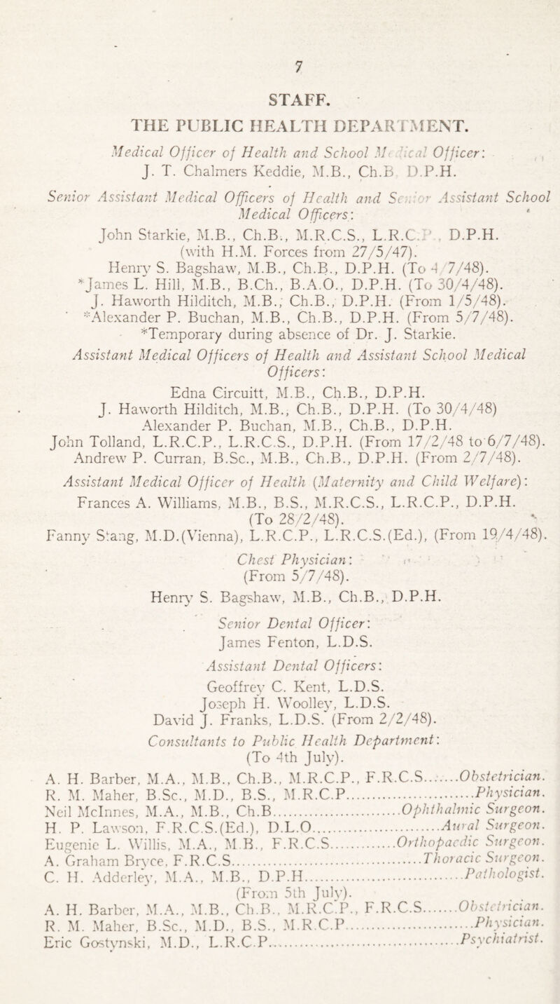 STAFF. THE PUBLIC HEALTH DEPARTMENT. Medical Officer of Health and School M deal Officer: J. T. Chalmers Keddie, M.B., Ch.B D.P.H. Senior Assistant Medical Officers of Health and Sec r Assistant School Medical Officers: John Starkie, M.B., Ch.B., M.R.C.S., L.R.C.P , D.P.H. (with H.M. Forces from 27/5/47). Henry S. Bagshaw, M.B., Ch.B., D.P.H. (To 4 7/48). * James L. Hill, M.B., B.Ch., B.A.O., D.P.H. (To 30/4/48). J. Haworth Hilditch, M.B., Ch.B., D.P.H. (From 1/5/48). 'Alexander P. Buchan, M.B., Ch.B., D.P.H. (From 5/7/48). ^Temporary during absence of Dr. J. Starkie. Assista?it Medical Officers of Health and Assistant School Medical Officers: Edna Circuitt, M.B., Ch.B., D.P.H. J. Haworth Hilditch, M.B., Ch.B., D.P.H. (To 30/4/48) Alexander P. Buchan, M.B., Ch.B., D.P.H. John Tolland, L.R.C.P., L.R.C.S., D.P.H. (From 17/2/48 to 6/7/48). Andrew P. Curran, B.Sc., M.B., Ch.B., D.P.H. (From 2/7/48). Assistant Medical Officer of Health (Maternity and Child Welfare): Frances A. Williams, M.B., B.S., M.R.C.S., L.R.C.P., D.P.H. (To 28/2/48). Fanny Slang, M.D.(Vienna), L.R.C.P., L.R.C.S.(Ed.), (From 19/4/48). Chest Physician: (From 5/7/48). Henry S. Bagshaw, M.B., Ch.B., D.P.H. Senior Dental Officer: James Fenton, L.D.S. Assistant Dental Officers: Geoffrey C. Kent, L.D.S. Joseph H. Woolley, L.D.S. David J. Franks, L.D.S. (From 2/2/48). Consultants to Public Health Department: (To 4th July). A. H. Barber, M.A., M.B., Ch.B., M.R.C.P., F.R.C.SObstetrician. R. M. Maher, B.Sc., M.D., B.S., M.R.C.P.Physician. Neil Mclnnes, M.A., M.B., Ch.B.Ophthalmic Surgeon. H. P. Lawson, F.R.C.S.(Ed.), D.L.O.Awal Surgeon. Eugenie L. Willis, M.A., M B., F.R.C.S.Orthopaedic Surgeon. A. Graham Bryce, F.R.C.S.Thoracic Surgeon. C. H. Adderley, M.A., M.B., D.P.H.Pathologist. (From 5th July). A. H. Barber, M.A., M.B., Ch.B., M.R.C.P., F.R.C.S.Obstetrician. R. M. Maher, B.Sc., M.D., B.S., M.R.C.P.Physician. Eric Gostvnski, M.D., L.R.C.P.Psychiatrist.