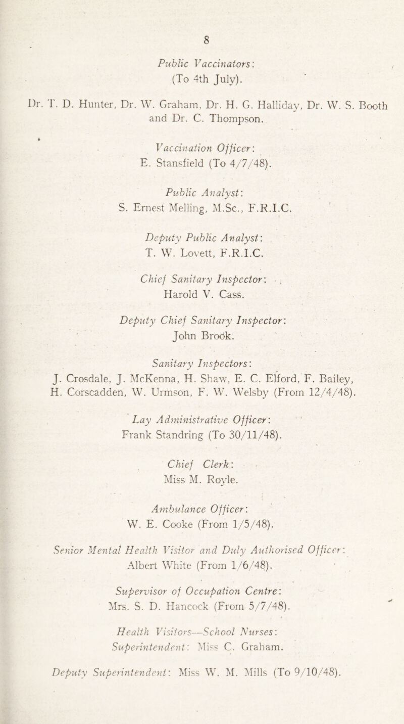 Public Vaccinators’. (To 4th July). Dr. T. D. Hunter, Dr. W. Graham, Dr. H. G. Halliday, Dr. W. S. Booth and Dr. C. Thompson. * * Vaccination Officer: E. Stansfield (To 4/7/48). Public Analyst: S. Ernest Helling, M.Sc., F.R.I.C. Deputy Public Analyst: T. W. Lovett, F.R.I.C. Chief Sanitary Inspector: Harold V. Cass. Deputy Chief Sanitary Inspector: John Brook. Sanitary Inspectors: J. Crosdale, J. McKenna, H. Shaw, E. C. Elford, F. Bailey, H. Corscadden, W. Urmson, F. W. Welsby (From 12/4/48). Lay Administrative Officer: Frank Standring (To 30/11/48). Chief Clerk: Miss M. Royle. Ambulance Officer: W. E. Cooke (From 1/5/48). Senior Mental Health Visitor and Duly Authorised Officer: Albert White (From 1/6/48). Supervisor of Occupation CcJitre: Mrs. S. D. Hancock (From 5/7/48). Health Visitors—School Nurses: Superintendent: Miss C. Graham. Deputy Superintendent : Miss W. M. Mills (To 9/10/48).