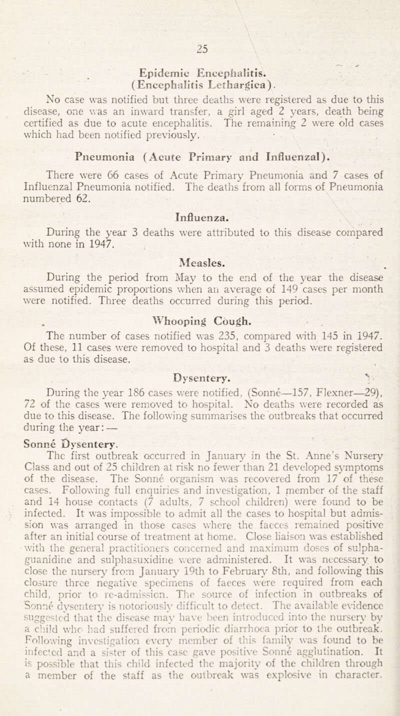 Epidemic Encephalitis. (Encephalitis Lethargica). No case was notified but three deaths were registered as due to this disease, one was an inward transfer, a girl aged 2 years, death being certified as due to acute encephalitis. The remaining 2 were old cases which had been notified previously. Pneumonia (Acute Primary and Influenzal). There were 66 cases of Acute Primary Pneumonia and 7 cases of Influenzal Pneumonia notified. The deaths from all forms of Pneumonia numbered 62. Influenza. During the year' 3 deaths were attributed to this disease compared with none in 1947. Measles. During the period from May to the end of the year the disease assumed epidemic proportions when an average of 149 cases per month were notified. Three deaths occurred during this period. . Whooping Cough. The number of cases notified was 235, compared with 145 in 1947. Of these, 11 cases were removed to hospital and 3 deaths were registered as due to this disease. Dysentery. During the year 186 cases were notified, (Sonne—157, Flexner—29), 72 of the cases were removed to hospital. No deaths were recorded as due to this disease. The following summarises the outbreaks that occurred during the year: — Sonne Dysentery. The first outbreak occurred in January in the St. Anne’s Nursery Class and out of 25 children at risk no fewer than 21 developed symptoms of the disease. The Sonne organism was recovered from 17 of these cases. Following full enquiries and investigation, 1 member of the staff and 14 house contacts (7 adults, 7 school children) were found to be infected. It wras impossible to admit all the cases to hospital but admis¬ sion was arranged in those cases where the faeces remained positive after an initial course of treatment at home. Close liaison wras established with the general practitioners concerned and maximum doses of sulpha- guanidine and sulphasuxidine were administered. It was necessary, to close the nursery from January 19th to February 8th, and following this closure three negative specimens of faeces were required from each child, prior to re-admission. The source of infection in outbreaks of Sonne dysentery7 is notoriously difficult to detect. The available evidence suggested that the disease may have been introduced into the nursery by a child who had suffered from periodic diarrhoea prior to the outbreak. Following investigation every member of this family was found to be infected and a sister of this case gave positive Sonne agglutination. It is possible that this child infected the majority of the children through a member of the staff as the outbreak; was explosive in character.