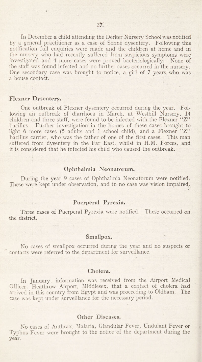 * 27- In December a child attending the Derker Nursery School was notified by a general practitioner as a case of Sonne dysentery. Following this notification full enquiries were made and the children at home and in the nursery who had recently suffered from suspicious symptoms were investigated and 4 more cases were proved bacteriologically. None of the staff was found infected and no further cases occurred in the nursery. One secondary case was brought to notice, a girl of 7 years who was a house contact. Flexner Dysentery. One outbreak of Flexner dysentery occurred during the year. Fol¬ lowing an outbreak of diarrhoea in March, at Westhill Nursery, 14 children and three staff, were found to be infected with the Flexner Z” bacillus. Further investigation in the homes of these cases brought to light 6 more cases (5 adults and 1 school child), and a Flexner Z” bacillus carrier, who was the father of one of the first cases. This man suffered from dysentery in the Far East, whilst in H.M. Forces, and it is considered that he infected his child who caused the outbreak. Ophthalmia Neonatorum. During the year 9 cases of Ophthalmia Neonatorum were notified. These were kept under observation, and in no case was vision impaired. Puerperal Pyrexia. Three cases of Puerperal Pyrexia were notified. These occurred on the district. Smallpox. No cases of smallpox occurred during the year and no suspects or contacts were referred to the department for surveillance. Cholera. In January7, information was received from the Airport Medical Officer, Heathrow Airport, Middlesex, that a contact of cholera had arrived in this country from Egypt and was proceeding to Oldham. The case was kept under surveillance for the necessary period. Other Diseases. No cases of Anthrax, Malaria, Glandular Fever, Undulant Fever or Typhus Fever were brought to the notice of the department during the year.