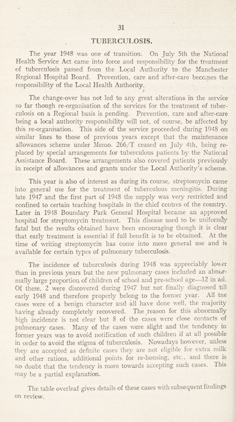 TUBERCULOSIS. The year 1948 was one of transition. On July 5th the National Health Service Act came into force and responsibility for the treatment of tuberculosis passed from the Local Authority to the Manchester Regional Hospital Board. Prevention, care and after-care becomes the responsibility of the Local Health Authority. ■# The change-over has not led to any great alterations in the service so far though re-organisation of the services for the treatment of tuber¬ culosis on a Regional basis is pending. Prevention, care and after-care being a local authority responsibility will not, of course, be affected by this re-organisation. This side of the service proceeded during 1948 on similar lines to those of previous years except that the maintenance allowances scheme under Memo. 266/T ceased on July 4th, being re¬ placed by special arrangements for tuberculous patients by the National Assistance Board. These arrangements also covered patients previously in receipt of allowances and grants under the Local Authority’s scheme. This year is also of interest as during its course, streptomycin came into general use for the treatment of tuberculous meningitis. During late 1947 and the first part of 1948 the supply was very restricted and confined to certain teaching hospitals in the chief centres of the country. Later in 1948 Boundary Park General Hospital became an approved hospital for streptomycin treatment. This disease used to be uniformly fatal but the results obtained have been encouraging though it is clear that early treatment is essential if full benefit is to be obtained. At the time of writing streptomycin has come into more general use and is available for certain types of pulmonary tuberculosis. The incidence of tuberculosis during 1948 was appreciably lower than in previous years but the new pulmonary cases included an abnor¬ mally large proportion of children of school and pre-school age—12 in ail. Of these, 2 v7ere discovered during 1947 but not finally diagnosed till early 1948 and therefore properly belong to the former year. All tne cases vTere of a benign character and all have done well, the majority having already completely recovered. The reason for this abnormally high incidence is not clear but 8 of the cases were close contacts of pulmonary7 cases. Many of the cases wTere slight and the tendency in former years vras to avoid notification of such children if at all possible in order to avoid the stigma of tuberculosis. Nowadays however, unless they are accepted as definite cases they are not eligible for extra milk and other rations, additional points for re-housing, etc., and there is no doubt that the tendency is more towards accepting such cases. This may be a partial explanation. The table overleaf gives details of these cases with subsequent findings on review.