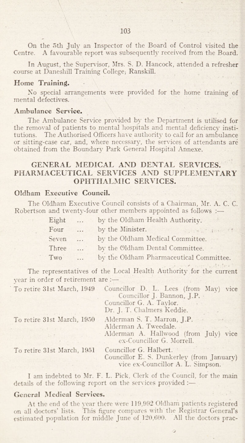 On the nth July an Inspector of the Board of Control visited the Centre. A favourable report was subsequently received from the Board. In August, the Supervisor, Mrs. S. D. Hancock, attended a refresher course at Daneshill Training College,- Ranskill. Home Training. No special arrangements were provided for the home training of mental defectives. Ambulance Service. ♦ * • The Ambulance Service provided by the Department is utilised for the removal of patients to mental hospitals and mental deficiency insti¬ tutions. The Authorised Officers have authorit3' to call for an ambulance or sitting-case car, and, where necessary, the services of attendants are obtained from the Boundary Park General Hospital Annexe. GENERAL MEDICAL AND DENTAL SERVICES. PHARMACEUTICAL SERVICES AND SUPPLEMENTARY OPHTHALMIC SERVICES. Oldham Executive Council. The Oldham Executive Council consists of a Chairman, Mr. A. C. C. Robertson and twenty-four other members appointed as follows :— Eight ... b)T the Oldham Health Authority. Four Seven Three Two by the Minister. , . . by the Oldham Medical Committee, by the Oldham Dental Committee, bv the Oldham Pharmaceutical Committee. The representatives of the Local Health Authority for the current 3-ear in order of retirement are :— To retire 31st March, 1949 Councillor D. L. Lees (from Ma\J vice Councillor J. Bannon, J.P. Councillor G. A. Ta3’lor. Dr. J. T. Chalmers Keddie. To retire 31st March, 1930 Alderman S. T. Marron, J.P. Alderman A. Tweedale. Alderman A. Hailwood (from July) vice ex-Councillor G. Morrell. To retire 31st March, 1951 Councillor G. Halbert. Councillor E. S. Dunkerley (from JanuanJ vice ex-Councillor A. L. Simpson. I am indebted to Mr. F. L. Pick, Clerk of the Council, for the main details of the following report on the services provided :— General Medical Services. At the end of the 3-ear there were 119,992 Oldham patients registered on all doctors’ lists. This figure compares with the Registrar General’s estimated population for middle June of 120,600. All the doctors prac-
