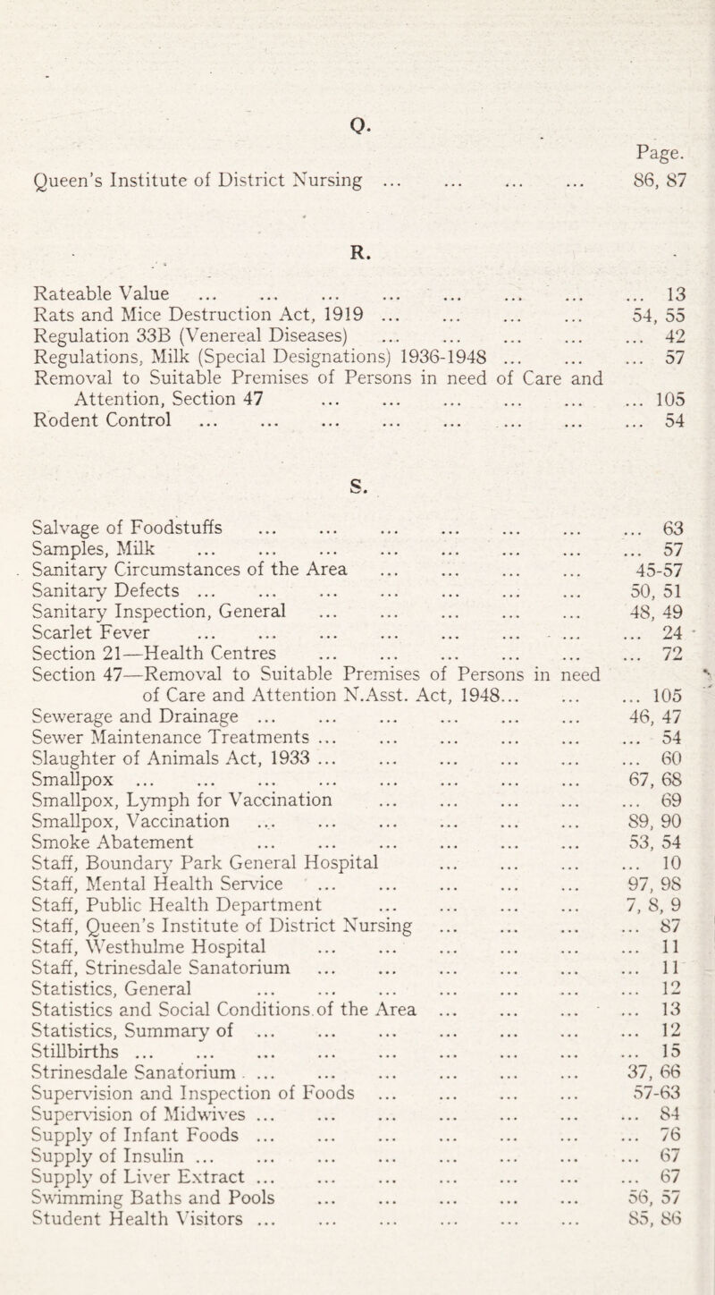 Q. Queen’s Institute of District Nursing Page. 86, 87 R. Rateable Value ... ... ... ... ... Rats and Mice Destruction Act, 1919 ... Regulation 33B (Venereal Diseases) Regulations, Milk (Special Designations) 1936-1948 ... Removal to Suitable Premises of Persons in need of Care and Attention, Section 47 Rodent Control ... ... ... ... ... ... ... 13 54, 55 ... 42 57 ... 105 ... 54 S. Salvage of Foodstuffs Samples, Milk Sanitary Circumstances of the Area Sanitary Defects ... Sanitary Inspection, General Scarlet Fever ... ... ... ... ... ... .... Section 21—Health Centres Section 47—Removal to Suitable Premises of Persons in need of Care and Attention N.Asst. Act, 1948... Sewerage and Drainage ... Sewer Maintenance Treatments ... Slaughter of Animals Act, 1933 ... SlTl ^11^0^ ... ... ... ... ... ... ... ... Smallpox, Lymph for Vaccination Smallpox, Vaccination Smoke Abatement Staff, Boundary Park General Hospital Staff, Mental Health Service Staff, Public Health Department Staff, Queen’s Institute of District Nursing Staff, Westhulme Hospital Staff, Strinesdale Sanatorium Statistics, General Statistics and Social Conditions.of the Area ... ... ... ■ Statistics, Summary of Stillbirths ... ... ... ... ... ... ... ... Strinesdale Sanatorium . ... Supervision and Inspection of Foods Supervision of Midwives ... Supply of Infant Foods ... Supply of Insulin ... Supply of Liver Extract ... Swimming Baths and Pools Student Health Visitors ... ... 63 ... 57 45-57 50, 51 48, 49 ... 24 ... 72 ... 105 46, 47 ... 54 ... 60 67, 68 ... 69 89, 90 53, 54 ... 10 97, 9S 7, 8, 9 ... 87 ... 11 ... 11 ... 12 ... 13 ... 12 ... 15 37, 66 57-63 ... 84 ... 76 67 ... 67 56, 57 85, 86