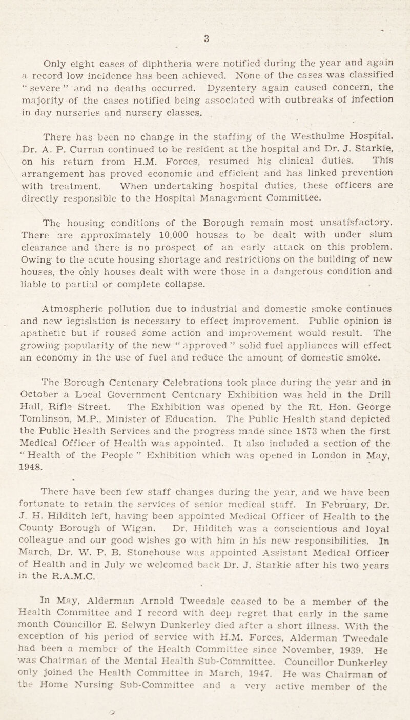Only eight cases of diphtheria were notified during the year and again a record low incidence has been achieved. None of the cases was classified “ severe ” and no deaths occurred. Dysentery again caused concern, the majority of the cases notified being associated with outbreaks of infection in day nurseries and nursery classes. There has been no change in the staffing of the Westhulme Hospital. Dr. A. P. Curran continued to be resident at the hospital and Dr. J. Starkie, on his return from H.M. Forces, resumed his clinical duties. This arrangement has proved economic and efficient and has linked prevention with treatment. When undertaking hospital duties, these officers are directly responsible to the Hospital Management Committee. The housing conditions of the Borough remain most unsatisfactory. There are approximately 10,000 houses to be dealt with under slum clearance and there is no prospect of an early attack on this problem. Owing to the acute housing shortage and restrictions on the building of new houses, the only houses dealt with were those in a dangerous condition and liable to partial or complete collapse. Atmospheric pollution due to industrial and domestic smoke continues and new legislation is necessary to effect improvement. Public opinion is apathetic but if roused some action and improvement would result. The growing popularity of the new “ approved ” solid fuel appliances will effect an economy in the use of fuel and reduce the amount of domestic smoke. The Borough Centenary Celebrations took place during the year and in October a Local Government Centenary Exhibition was held in the Drill Hall, Rifle Street. The Exhibition was opened by the Rt. Hon. George Tomlinson, M.P., Minister of Education. The Public Health stand depicted the Public Health Services and the progress made since 1873 when the first Medical Officer of Health was appointed. It also included a section of the “ Health of the People  Exhibition which was opened in London in May, 1948. There have been few staff changes during the year, and we have been fortunate to retain the services of senior medical staff. In February, Dr. J. K. Hilditch left, having been appointed Medical Officer of Health to the County Borough of Wigan. Dr. Hilditch was a conscientious and loyal colleague and our good wishes go with him in his new responsibilities. In March, Dr. W. P. B. Stonchouse was appointed Assistant Medical Officer of Health and in July we welcomed back Dr. J. Starkie after his two years in the R.A.M.C. In May, Alderman Arnold Tweedale ceased to be a member of the Health Committee and I record with deep regret that early in the same month Councillor E. Selwyn Dunkerley died after a short illness. With the exception of his period of service with H.M. Forces, Alderman Tweedale had been a member of the Health Committee since November, 1939. He was Chairman of the Mental Health Sub-Committee. Councillor Dunkerley only joined the Health Committee in March, 1947. He was Chairman of the Home Nursing Sub-Committee and a very active member of the j