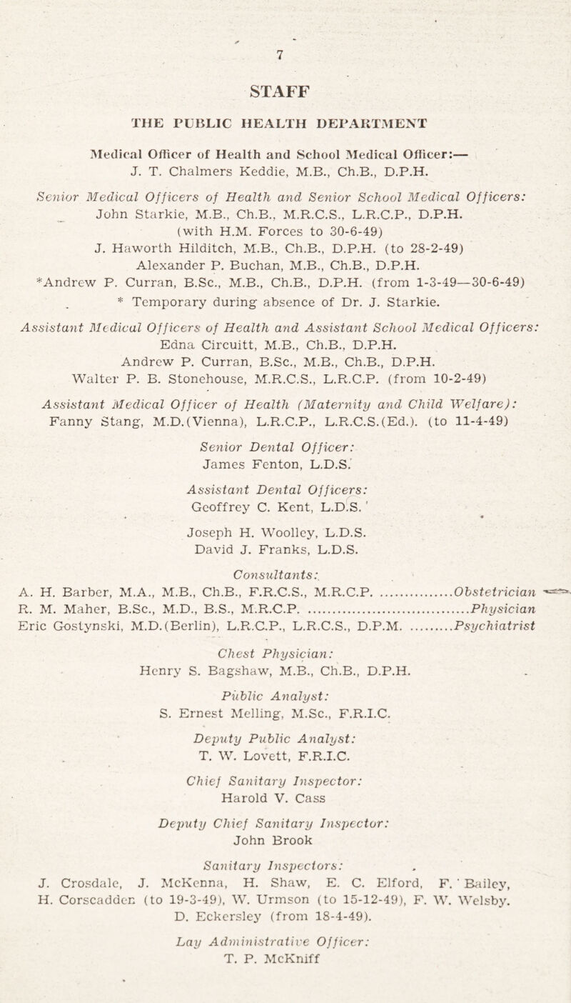 * STAFF THE PUBLIC HEALTH DEPARTMENT Medical Officer of Health and School Medical Officer:— J. T. Chalmers Keddie, M.B., Ch.B., D.P.H. Senior Medical Officers of Health and Senior School Medical Officers: John Starkie, M.B., Ch.B., M.R.C.S., L.R.C.P., D.P.H. (with H.M. Forces to 30-6-49) J. Haworth Hilditch, M.B., Ch.B., D.P.H. (to 28-2-49) Alexander P. Buchan, M.B., Ch.B., D.P.H. * Andrew P. Curran, B.Sc., M.B., Ch.B., D.P.H. (from 1-3-49—30-6-49) * Temporary during absence of Dr. J. Starkie. Assistant Medical Officers of Health and Assistant School Medical Officers: Edna Circuitt, M.B., Ch.B., D.P.H. Andrew P. Curran, B.Sc., M.B., Ch.B., D.P.H. Walter P. B. Stonehouse, M.R.C.S., L.R.C.P. (from 10-2-49) Assistant Medical Officer of Health (Maternity and Child Welfare): Fanny Stang, M.D.(Vienna), L.R.C.P., L.R.C.S.(Ed.). (to 11-4-49) Senior Dental Officer: James Fenton, L.D.S.' Assistant Dental Officers: Geoffrey C. Kent, L.D.S. ’ • « Joseph H. Woolley, L.D.S. David J. Franks, L.D.S. Consultants A. H. Barber, M.A., M.B., Ch.B., F.R.C.S., M.R.C.P. R. M. Maher, B.Sc., M.D., B.S., M.R.C.P. Eric Gostynski, M.D.(Berlin), L.R.C.P., L.R.C.S., D.P.M. .Obstetrician .Physician .Psychiatrist Chest Physician: Henry S. Bagshaw, M.B., Ch.B., D.P.H. Public Analyst: S. Ernest Melling, M.Sc., F.R.l.C. Deputy Public Analyst: T. W. Lovett, F.R.l.C. Chief Sanitary Inspector: Harold V. Cass Deputy Chief Sanitary Inspector: John Brook Sanitary Inspjectors: J. Crosdale, J. McKenna, H. Shaw, E. C. Elford, F. ' Bailey, H. Corscadden (to 19-3-49), W. Urmson (to 15-12-49), F. W. Welsby. D. Eckersley (from 18-4-49). Lay Administrative Officer: T. P. McKniff