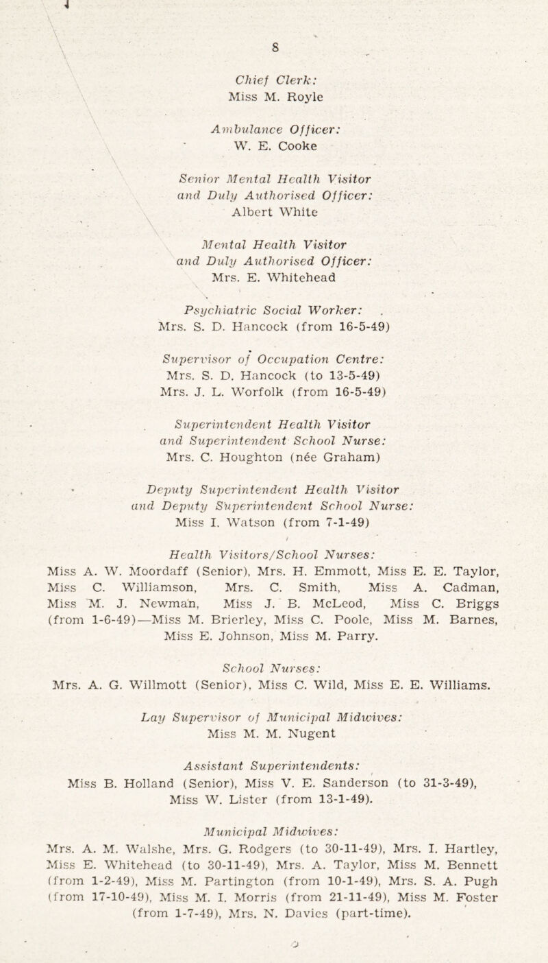 8 Chief Clerk: Miss M. Royle Ambulance Officer: W. E. Cooke Senior Mental Health Visitor and Duly Authorised Officer: Albert White Mental Health Visitor and Duly Authorised Officer: Mrs. E. Whitehead Psychiatric Social Worker: Mrs. S. D. Hancock (from 16-5-49) Supervisor of Occupation Centre: Mrs. S. D. Hancock (to 13-5-49) Mrs. J. L. Worfolk (from 16-5-49) Superintendent Health Visitor and Superintendent School Nurse: Mrs. C. Houghton (n6e Graham) Deputy Superintendent Health Visitor and Deputy Superintendent School Nurse: Miss I. Watson (from 7-1-49) Health Visitors/School Nurses: Miss A. W. Moordaff (Senior), Mrs. H. Emmott, Miss E. E. Taylor, Miss C. Williamson, Mrs. C. Smith, Miss A. Cadman, Miss M. J. Newman, Miss J. B. McLeod, Miss C. Briggs (from 1-6-49)—Miss M. Brierley, Miss C. Poole, Miss M. Barnes, Miss E. Johnson, Miss M. Parry. School Nurses: Mrs. A. G. Willmott (Senior), Miss C. Wild, Miss E. E. Williams. Lay Supervisor of Municipal Midwives: Miss M. M. Nugent Assistant Superintendents: Miss B. Holland (Senior), Miss V. E. Sanderson (to 31-3-49), Miss W. Lister (from 13-1-49). M un icipal M id wives: Mrs. A. M. Walshe, Mrs. G. Rodgers (to 30-11-49), Mrs. I. Hartley, Miss E. Whitehead (to 30-11-49), Mrs. A. Taylor, Miss M. Bennett (from 1-2-49), Miss M. Partington (from 10-1-49), Mrs. S. A. Pugh (from 17-10-49), Miss M. I. Morris (from 21-11-49), Miss M. Foster (from 1-7-49), Mrs. N. Davies (part-time).
