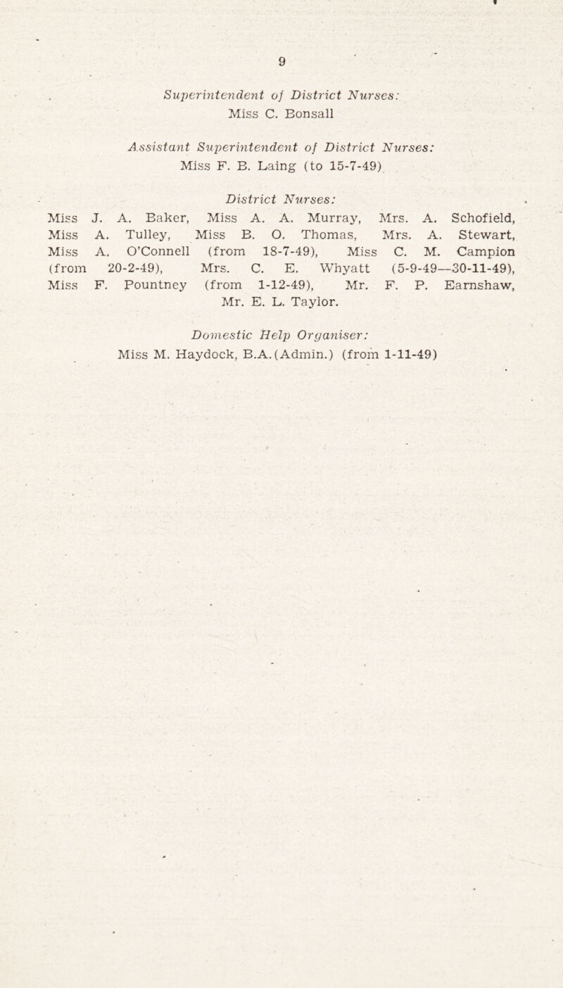 ¥ 9 Superintendent of District Nurses: Miss C. Bonsall Assistant Superintendent of District Nurses: Miss F. B. Laing (to 15-7-49) District Nurses: Miss J. A. Baker, Miss A. A. Murray, Mrs. A. Schofield, Miss A. Tulley, Miss B. O. Thomas, Mrs. A. Stewart, Miss A. O’Connell (from 18-7-49), Miss C. M. Campion (from 20-2-49), Mrs. C. E. Whyatt (5-9-49—30-11-49), Miss F. Pountney (from Mr. 1-12-49), Mr. E. L. Taylor. F. P. Eamshaw, Domestic Help Organiser: Miss M. Haydock, B.A.(Admin.) (from 1-11-49)