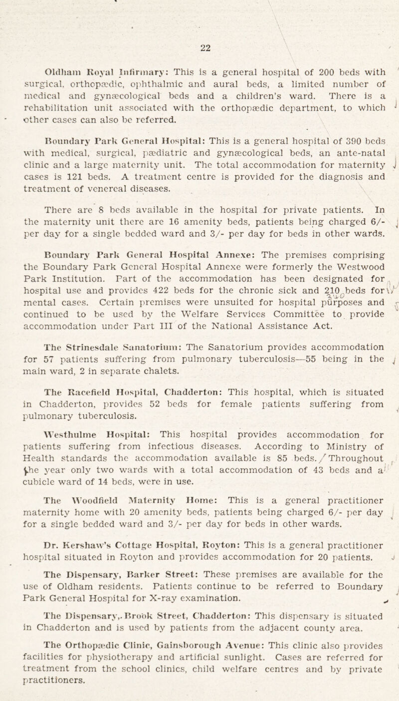 Oldham Royal Infirmary: This is a general hospital of 200 beds with surgical, orthopaedic, ophthalmic and aural beds, a limited number of medical and gynaecological beds and a children’s ward. There is a rehabilitation unit associated with the orthopaedic department, to which J' other cases can also be referred. Boundary Park General Hospital: This is a general hospital of 390 beds with medical, surgical, paediatric and gynaecological beds, an ante-natal clinic and a large maternity unit. The total accommodation for maternity j cases is 121 beds. A treatment centre is provided for the diagnosis and treatment of venereal diseases. * / \ There are 8 beds available in the hospital for private patients. In the maternity unit there are 16 amenity beds, patients being charged 6/- per day for a single bedded ward and 3/- per day for beds in other wards. Boundary Park General Hospital Annexe: The premises comprising the Boundary Park General Hospital Annexe were formerly the Westwood Park Institution. Part of the accommodation has been designated for hospital use and provides 422 beds for the chronic sick and 210 beds fort/ mental cases. Certain premises were unsuited for hospital purposes and r continued to be used by the Welfare Services Committee to provide accommodation under Part III of the National Assistance Act. The Strinesdale Sanatorium: The Sanatorium provides accommodation for 57 patients suffering from pulmonary tuberculosis—55 being in the j main ward, 2 in separate chalets. The Raoefield Hospital, Chadderton: This hospital, which is situated in Chadderton, provides 52 beds for female patients suffering from pulmonary tuberculosis. Westhulme Hospital: This hospital provides accommodation for patients suffering from infectious diseases. According to Ministry of Health standards the accommodation available is 85 beds. / Throughout ^.he year only two wards with a total accommodation of 43 beds and a; cubicle ward of 14 beds, were in use. The Woodfield Maternity Home: This is a general practitioner maternity home with 20 amenity beds, patients being charged 6/- per day for a single bedded ward and 3/- per day for beds in other wards. Dr. Kershaw’s Cottage Hospital, Royton: This is a general practitioner hospital situated in Royton and provides accommodation for 20 patients. j The Dispensary, Barker Street: These premises are available for the use of Oldham residents. Patients continue to be referred to Boundary Park General Hospital for X-ray examination. ^ The Dispensary,.Brook Street, Chadderton: This dispensary is situated in Chadderton and is used by patients from the adjacent county area. The Orthopaedic Clinic, Gainsborough Avenue: This clinic also provides facilities for physiotherapy and artificial sunlight. Cases are referred for treatment from the school clinics, child welfare centres and by private practitioners.
