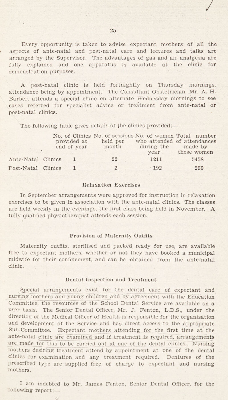 / 25 Every opportunity is taken to advise expectant mothers of all the aspects of ante-natal and post-natal care and lectures and talks are arranged by the Supervisor. The advantages of gas and air analgesia are fully explained and one apparatus’ is available at the clinic for demonstration purposes. A post-natal clinic is held fortnightly on Thursday mornings, attendance being by appointment. The Consultant Obstetrician, .Mr. A. H. Barber, attends a special clinic on alternate Wednesday mornings to see cases referred for specialist advice or treatment from ante-natal or post-natal clinics. The following table gives details of the clinics provided:— No. of Clinics No. of sessions No. of women Total number provided at held per who attended of attendances end of year month during the made by year these women Ante-Natal Clinics 1 22 1211 5458 Post-Natal Clinics 192 200 Relaxation Exercises In September arrangements were approved'for instruction in relaxation exercises to be given in association with the ante-natal clinics. The classes are held weekly in the evenings, the first class being held in November. A fully qualified physiotherapist attends each session. Provision of Maternity Outfits Maternity outfits, sterilised and packed ready for use, are available free to expectant mothers, whether or not they have booked a municipal midwife for their confinement, and can be obtained from the ante-natal clinic. Dental Inspection and Treatment Special arrangements exist for the dental care of expectant and nursing mothers and young children and by agreement with the Education Committee, the resources of the School Dental Service are available on a user basis. The Senior Dental Officer, Mr. J. Fenton, L.D.S., under the direction of the Medical Officer of Health is responsible for the organisation and development of the Service and has direct access to the appropriate Sub-Committee. Expectant mothers attending for the first time at the ante-natal clinic are examined and if treatment is required, arrangements are made for this to be carried out at one of the dental clinics. Nursing mothers desiring treatment attend by appointment at one of the dental clinics for examination and any treatment required. Dentures of the prescribed type are supplied free of charge to expectant and nursing mothers. I am indebted to Mr. James Fenton, Senior Dental Officer, for the following report:— 'j