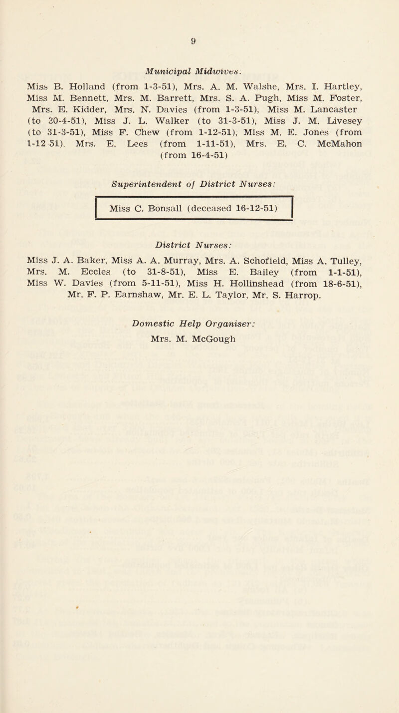 Municipal Midwives. Miss B. Holland (from 1-3-51), Mrs. A. M. Walshe, Mrs. I. Hartley, Miss M. Bennett, Mrs. M. Barrett, Mrs. S. A. Pugh, Miss M. Foster, Mrs. E. Kidder, Mrs. N. Davies (from 1-3-51), Miss M. Lancaster (to 30-4-51), Miss J. L. Walker (to 31-3-51), Miss J. M. Livesey (to 31-3-51), Miss F. Chew (from 1-12-51), Miss M. E. Jones (from 1-12 51). Mrs. E. Lees (from 1-11-51), Mrs. E. C. McMahon (from 16-4-51) Superintendent of District Nurses: Miss C. Bonsall (deceased 16-12-51) District Nurses: Miss J. A. Baker, Miss A. A. Murray, Mrs. A. Schofield, Miss A. Tulley, Mrs. M. Eccles (to 31-8-51), Miss E. Bailey (from 1-1-51), Miss W. Davies (from 5-11-51), Miss H. Hollinshead (from 18-6-51), Mr. F. P. Earnshaw, Mr. E. L. Taylor, Mr. S. Harrop. Domestic Help Organiser: Mrs. M. McGough