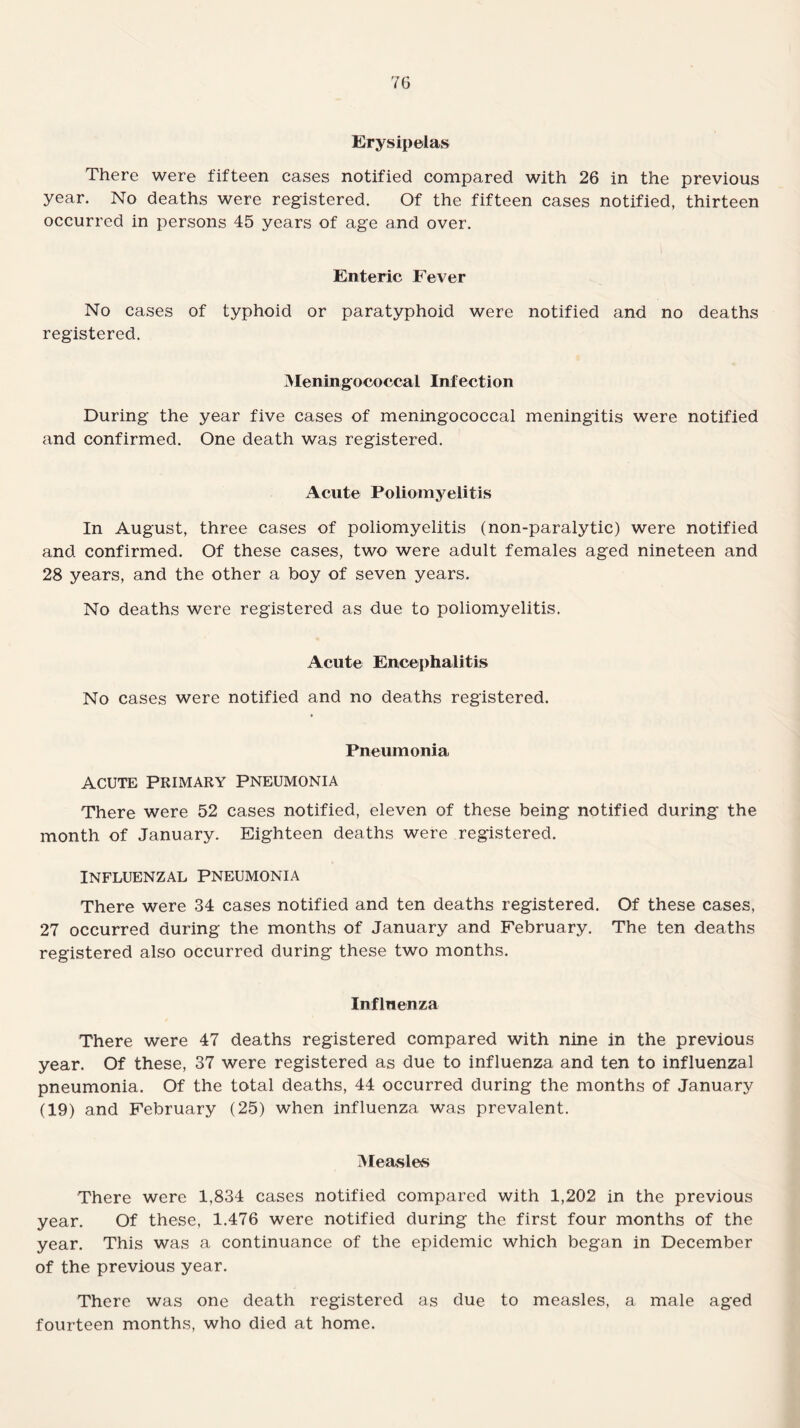 Erysipelas There were fifteen cases notified compared with 26 in the previous year. No deaths were registered. Of the fifteen cases notified, thirteen occurred in persons 45 years of age and over. Enteric Fever No cases of typhoid or paratyphoid were notified and no deaths registered. Meningococcal Infection During the year five cases of meningococcal meningitis were notified and confirmed. One death was registered. Acute Poliomyelitis In August, three cases of poliomyelitis (non-paralytic) were notified and confirmed. Of these cases, two were adult females aged nineteen and 28 years, and the other a boy of seven years. No deaths were registered as due to poliomyelitis. Acute Encephalitis No cases were notified and no deaths registered. Pneumonia ACUTE PRIMARY PNEUMONIA There were 52 cases notified, eleven of these being notified during the month of January. Eighteen deaths were registered. INFLUENZAL PNEUMONIA There were 34 cases notified and ten deaths registered. Of these cases, 27 occurred during the months of January and February. The ten deaths registered also occurred during these two months. Influenza There were 47 deaths registered compared with nine in the previous year. Of these, 37 were registered as due to influenza and ten to influenzal pneumonia. Of the total deaths, 44 occurred during the months of January (19) and February (25) when influenza was prevalent. Measles There were 1,834 cases notified compared with 1,202 in the previous year. Of these, 1.476 were notified during the first four months of the year. This was a continuance of the epidemic which began in December of the previous year. There was one death registered as due to measles, a male aged fourteen months, who died at home.