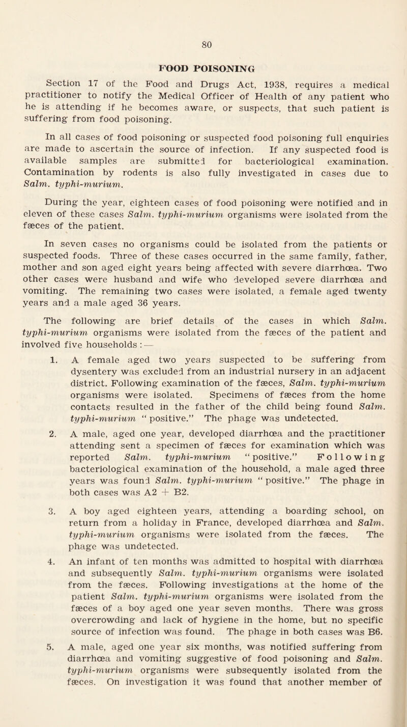 FOOD POISONING Section 17 of the Food and Drugs Act, 1938, requires a medical practitioner to notify the Medical Officer of Health of any patient who he is attending if he becomes aware, or suspects, that such patient is suffering from food poisoning. In all cases of food poisoning or suspected food poisoning full enquiries are made to ascertain the source of infection. If any suspected food is available samples are submitted for bacteriological examination. Contamination by rodents is also fully investigated in cases due to Salm. typhi-murium. During the year, eighteen cases of food poisoning were notified and in eleven of these cases Salm. typhi-murium, organisms were isolated from the faeces of the patient. In seven cases no organisms could be isolated from the patients or suspected foods. Three of these cases occurred in the same family, father, mother and son aged eight years being affected with severe diarrhoea. Two other cases were husband and wife who developed severe diarrhoea and vomiting. The remaining two cases were isolated, a female aged twenty years and a male aged 36 years. The following are brief details of the cases in which Salm. typhi-murium organisms were isolated from the faeces of the patient and involved five households : — 1. A female aged two years suspected to be suffering from dysentery was excluded from an industrial nursery in an adjacent district. Following examination of the faeces, Salm. typhi-murium organisms were isolated. Specimens of faeces from the home contacts resulted in the father of the child being found Salm. typhi-murium “ positive.” The phage was undetected. 2. A male, aged one year, developed diarrhoea and the practitioner attending sent a specimen of faeces for examination which was reported Salm. typhi-murium “ positive.” Following bacteriological examination of the household, a male aged three years was found Salm. typhi-murium, “ positive.” The phage in both cases was A2 + B2. 3. A boy aged eighteen years, attending a boarding school, on return from a holiday in France, developed diarrhoea and Salm. typhi-murium organisms were isolated from the faeces. The phage was undetected. 4. An infant of ten months was admitted to hospital with diarrhoea and subsequently Salm. typhi-murium organisms were isolated from the faeces. Following investigations at the home of the patient Salm. typhi-murium organisms were isolated from the faeces of a boy aged one year seven months. There was gross overcrowding and lack of hygiene in the home, but no specific source of infection was found. The phage in both cases was B6. 5. A male, aged one year six months, was notified suffering from diarrhoea and vomiting suggestive of food poisoning and Salm. typhi-murium organisms were subsequently isolated from the faeces. On investigation it was found that another member of