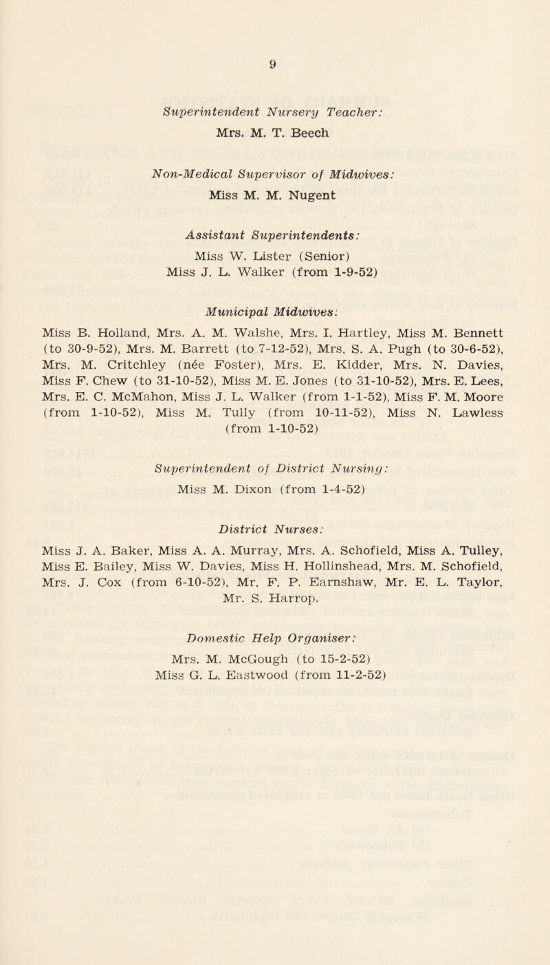 Superintendent Nursery Teacher: Mrs. M. T. Beech Non-Medical Supervisor of Midwives: Miss M. M. Nugent Assistant Superintendents: Miss W. Lister (Senior) Miss J. L. Walker (from 1-9-52) Municipal Midwives: Miss B. Holland, Mrs. A. M. Walshe, Mrs. I. Hartley, Miss M. Bennett (to 30-9-52), Mrs. M. Barrett (to 7-12-52), Mrs. S. A. Pugh (to 30-6-52), Mrs. M. Critchley (nee Foster), Mrs. E. Kidder, Mrs. N. Davies, Miss F. Chew (to 31-10-52), Miss M. E. Jones (to 31-10-52), Mrs. E. Lees, Mrs. E. C. McMahon, Miss J. L. Walker (from 1-1-52), Miss F. M. Moore (from 1-10-52), Miss M. Tully (from 10-11-52), Miss N. Lawless (from 1-10-52) Superintendent of District Nursing: Miss M. Dixon (from 1-4-52) District Nurses: Miss J. A. Baker, Miss A. A. Murray, Mrs. A. Schofield, Miss A. Tulley, Miss E. Bailey, Miss W. Davies, Miss H. Hollinshead, Mrs. M. Schofield, Mrs. J. Cox (from 6-10-52), Mr. F. P. Earnshaw, Mr. E. L. Taylor, Mr. S. Harrop. Domestic Help Organiser: Mrs. M. McGough (to 15-2-52) Miss G. L. Eastwood (from 11-2-52)
