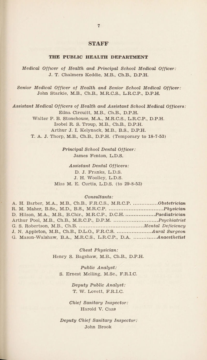 STAFF THE PUBLIC HEALTH DEPARTMENT Medical Officer of Health and Principal School Medical Officer: J. T. Chalmers Keddie, M.B., Ch.B., D.P.H. Senior Medical Officer of Health and Senior School Medical Officer: John Starkie, M.B., Ch.B., M.R.C.S., L.R.C.P., D.P.H. Assistant Medical Officers of Health and Assistant School Medical Officers: Edna Circuitt, M.B., Ch.B., D.P.H. Walter P. B. Stonehouse, M.A., M.R.C.S., L.R.C.P., D.P.H. Isobel R. S. Troup, M.B., Ch.B., D.P.H. Arthur J. I. Kelynack, M.B., B.S., D.P.H. T. A. J. Thorp, M.B., Ch.B., D.P.H. (Temporary to 18-7-53) Principal School Dental Officer: James Fenton, L.D.S. Assistant Dental Officers: D. J. Franks, L.D.S. J. H. Woolley, L.D.S. Miss M. E. Curtis, L.D.S. (to 29-8-53) Consultants: A. H. Barber, M.A., M.B., Ch.B., F.R.C.S., M.R.C.P. R. M. Maher, B.Sc., M.D., B.S., M.R.C.P. D. Hilson, M.A., M.B., B.Chir., M.R.C.P., D.C.H. Arthur Pool, M.B., Ch.B., M.R.C.P., D.P.M.. G. S. Robertson, M.B., Ch.B. J. N. Appleton, M.B., Ch.B., D.L.O., F.R.C.S. G. Mason-Walshaw, B.A., M.R.C.S., L.R.C.P., D.A. ..Obstetrician .jP hysician .Paediatrician ..Psychiatrist ....Mental Deficiency .Aural Surgeon .Anaesthetist Chest Physician: Henry S. Bagshaw, M.B., Ch.B., D.P.H. Public Analyst: S. Ernest Melling, M.Sc., F.R.I.C. Deputy Public Analyst: T. W. Lovett, F.R.I.C. Chief Sanitary Inspector: Harold V. Cass Deputy Chief Sanitary Inspector: John Brook