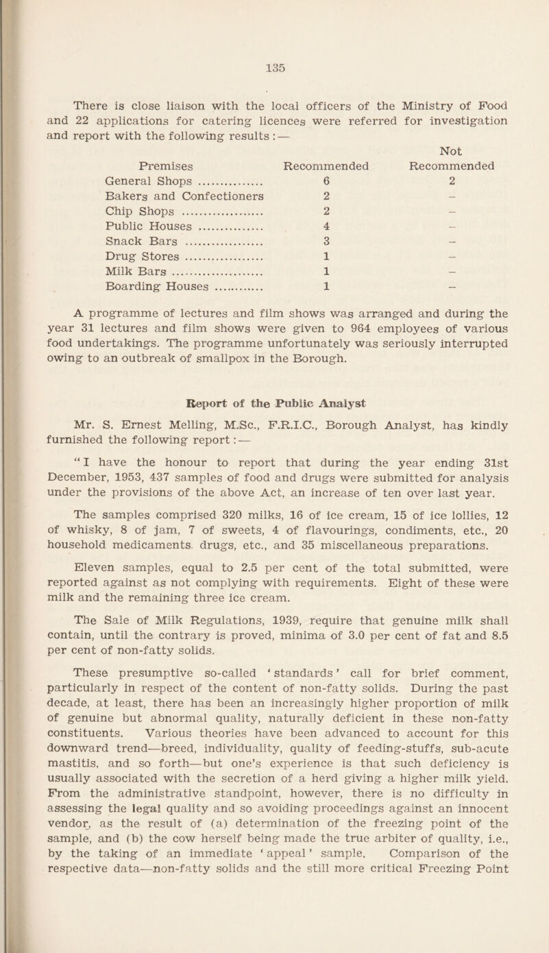 There is close liaison with the local officers of the Ministry of Food and 22 applications for catering licences were referred for investigation and report with the following results : — Not Premises Recommended Recommended General Shops . 6 2 Bakers and Confectioners 2 Chip) Shops . 2 - Public Houses . 4 - Snack Bars . 3 - Drug Stores . 1 - Milk Bars . 1 - Boarding Houses . 1 - A programme of lectures and film shows was arranged and during the year 31 lectures and film shows were given to 964 employees of various food undertakings. The programme unfortunately was seriously interrupted owing to an outbreak of smallpox in the Borough. Report of the Public Analyst Mr. S. Ernest Melling, M.lSc., F.R.I.C., Borough Analyst, has kindly furnished the following report: — “ I have the honour to report that during the year ending 31st December, 1953, 437 samples of food and drugs were submitted for analysis under the provisions of the above Act, an increase of ten over last year. The samples comprised 320 milks, 16 of ice cream, 15 of ice lollies, 12 of whisky, 8 of jam, 7 of sweets, 4 of flavouring's, condiments, etc., 20 household medicaments, drugs, etc., and 35 miscellaneous preparations. Eleven samples, equal to 2.5 per cent of the total submitted, were reported against as not complying with requirements. Eight of these were milk and the remaining three ice cream. The Sale of Milk Regulations, 1939, require that genuine milk shall contain, until the contrary is proved, minima of 3.0 per cent of fat and 8.5 per cent of non-fatty solids. These presumptive so-called ‘ standards' call for brief comment, particularly in respect of the content of non-fatty solids. During the past decade, at least, there has been an increasingly higher proportion of milk of genuine but abnormal quality, naturally deficient in these non-fatty constituents. Various theories have been advanced to account for this downward trend—breed, individuality, quality of feeding-stuffs, sub-acute mastitis, and so forth—but one’s experience is that such deficiency is usually associated with the secretion of a herd giving a higher milk yield. From the administrative standpoint, however, there is no difficulty in assessing the legal quality and so avoiding proceedings against an innocent vendor, as the result of (a) determination of the freezing point of the sample, and (b) the cow herself being made the true arbiter of quality, i.e., by the taking of an immediate ‘ appeal ’ sample. Comparison of the respective data—non-fatty solids and the still more critical Freezing Point