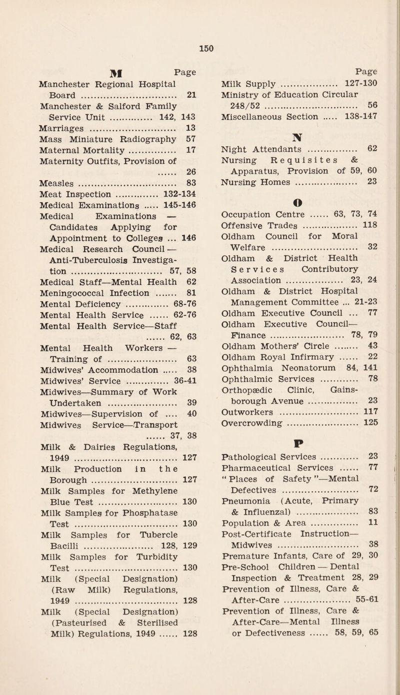 M Page Manchester Regional Hospital Board . 21 Manchester & Salford Family Service Unit . 142, 143 Marriages . 13 Mass Miniature Radiography 57 Maternal Mortality . 17 Maternity Outfits, Provision of . 26 Measles . 83 Meat Inspection . 132-134 Medical Examinations . 145-146 Medical Examinations — Candidates Applying for Appointment to Colleges ... 146 Medical Research Council — Anti-Tuberculosis Investiga¬ tion . 57, 58 Medical Staff—Mental Health 62 Meningococcal Infection . 81 Mental Deficiency . 68-76 Mental Health Service . 62-76 Mental Health Service—Staff . 62, 63 Mental Health Workers — Training of . 63 Midwives’ Accommodation . 38 Midwives’ Service . 36-41 Midwives—Summary of Work Undertaken . 39 Midwives—Supervision of .... 40 Midwives Service—Transport . 37, 38 Milk & Dairies Regulations, 1949 . 127 Milk Production in the Borough . 127 Milk Samples for Methylene Blue Test . 130 Milk Samples for Phosphatase Test . 130 Milk Samples for Tubercle Bacilli . 128, 129 Milk Samples for Turbidity Test . 130 Milk (Special Designation) (Raw Milk) Regulations, 1949 . 128 Milk (Special Designation) (Pasteurised & Sterilised Milk) Regulations, 1949 . 128 Page Milk Supply . 127-130 Ministry of Education Circular 248/52 . 56 Miscellaneous Section . 138-147 N Night Attendants . 62 Nursing Requisites & Apparatus, Provision of 59, 60 Nursing Homes . 23 o Occupation Centre . 63, 73, 74 Offensive Trades . 118 Oldham Council for Moral Welfare . 32 Oldham & District Health Services Contributory Association . 23, 24 Oldham & District Hospital Management Committee ... 21-23 Oldham Executive Council ... 77 Oldham Executive Council- Finance . 78, 79 Oldham Mothers’ Circle . 43 Oldham Royal Infirmary . 22 Ophthalmia Neonatorum 84, 141 Ophthalmic Services . 78 Orthopaedic Clinic, Gains¬ borough Avenue . 23 Outworkers . 117 Overcrowding . 125 P Pathological Services . 23 Pharmaceutical Services . 77 “ Places of Safety ”—Mental Defectives . 72 Pneumonia (Acute, Primary & Influenzal) . 83 Population & Area . 11 Post-Certificate Instruction— Midwives . 38 Premature Infants, Care of 29, 30 Pre-School Children — Dental Inspection & Treatment 28, 29 Prevention of Illness, Care & After-Care . 55-61 Prevention of Illness, Care & After-Care—Mental Illness or Defectiveness . 58, 59, 65
