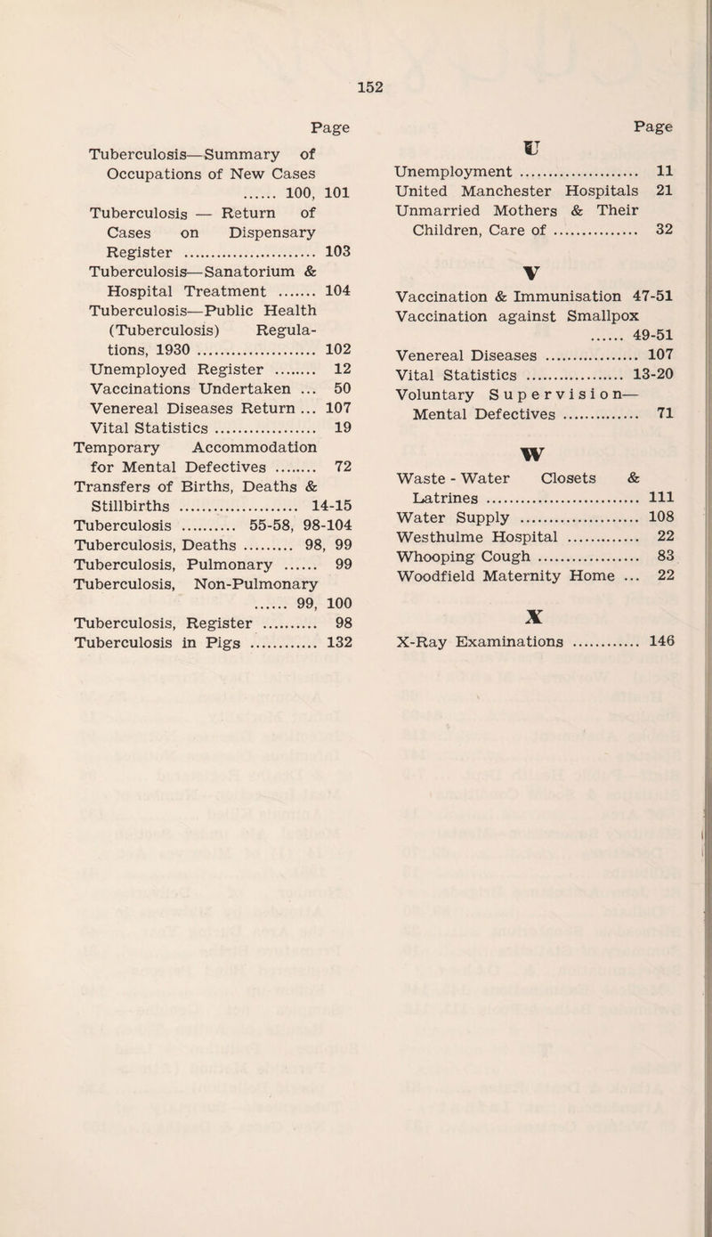 Page Tuberculosis—Summary of Occupations of New Cases . 100, 101 Tuberculosis — Return of Cases on Dispensary Register . 103 Tuberculosis—Sanatorium & Hospital Treatment . 104 Tuberculosis—Public Health (Tuberculosis) Regula¬ tions, 1930 . 102 Unemployed Register . 12 Vaccinations Undertaken ... 50 Venereal Diseases Return ... 107 Vital Statistics . 19 Temporary Accommodation for Mental Defectives . 72 Transfers of Births, Deaths & Stillbirths . 14-15 Tuberculosis . 55-58, 98-104 Tuberculosis, Deaths . 98, 99 Tuberculosis, Pulmonary . 99 Tuberculosis, Non-Pulmonary . 99, 100 Tuberculosis, Register . 98 Tuberculosis in Pigs . 132 Page u Unemployment . 11 United Manchester Hospitals 21 Unmarried Mothers & Their Children, Care of . 32 V Vaccination & Immunisation 47-51 Vaccination against Smallpox . 49-51 Venereal Diseases . 107 Vital Statistics . 13-20 Voluntary Supervisio n— Mental Defectives . 71 W Waste - Water Closets & Latrines . Ill Water Supply . 108 Westhulme Hospital . 22 Whooping Cough . 83 Woodfield Maternity Home ... 22 X X-Ray Examinations 146