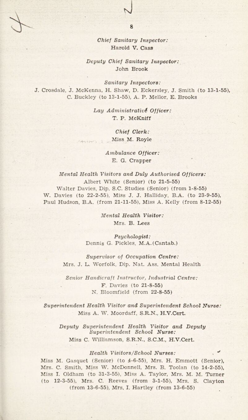J 8 Chief Sanitary Inspector: Harold V. Cass Deputy Chief Sanitary Inspector: John Brook Sanitary Inspectors: J. Crosdale, J. McKenna, H. Shaw, D. Eckersley, J. Smith (to 13-1-55), C. Buckley (to 13-1-55), A. P. Mellor, E. Brooks Lay Administrating Officer: T. P. McKniff Chief Clerk: Miss M. Royle Ambulance Officer: E. G. Crapper Mental Health Visitors and Duly Authorised Officers: Albert White (Senior) (to 21-5-55) Walter Davies, Dip. S.C. Studies (Senior) (from 1-8-55) W. Davies (to 22-2-55), Miss J. J. Halliday, B.A. (to 23-9-55), Paul Hudson, B.A. (from 21-11-55), Miss A. Kelly (from 8-12-55) Mental Health Visitor: Mrs. B. Lees Psychologist: Dennis G. Pickles, M.A.(Cantab.) Supervisor of Occupation Centre: Mrs. J. L. Worfolk, Dip. Nat. Ass. Mental Health Senior Handicraft Instructor, Industrial Centre: F. Davies (to 21-8-55) N. Bloomfield (from 22-8-55) Superintendent Health Visitor and Superintendent School Nurse: Miss A. W. Moordaff, S.R.N., H.V.Cert. Deputy Superintendent Health Visitor and Deputy Superintendent School Nurse: Miss C. Williamson, S.R.N., S.C.M., H.V.Cert. Health Visitors/School Nurses: ^ * Miss M. Gasquet (Senior) (to 4-6-55), Mrs. H. Emmott (Senior), Mrs. C. Smith, Miss W. McDonnell, Mrs. B. Toolan (to 14-2-55), Miss I. Oldham (to 31-3-55), Miss A. Taylor, Mrs. M. M. Turner (to 12-3-55), Mrs. C. Reeves (from 3-1-55), Mrs. S. Clayton (from 13-6-55), Mrs, I. Hartley (from 13-6-55)