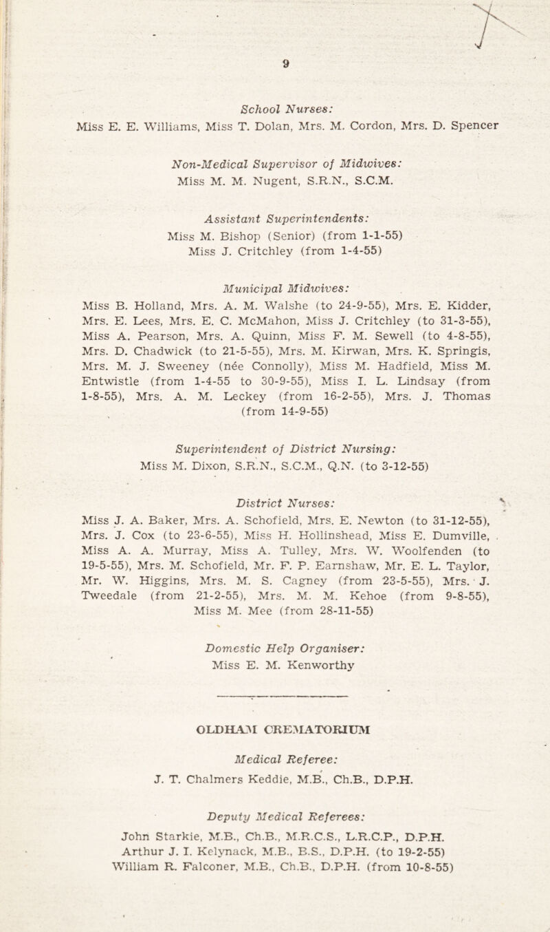 School Nurses: Miss E. E. Williams, Miss T. Dolan, Mrs. M. Cordon, Mrs. D. Spencer Non-Medical Supervisor of Midwives: Miss M. M. Nugent, S.R.N., S.C.M. Assistant Superintendents: Miss M. Bishop (Senior) (from 1-1-55) Miss J. Critchley (from 1-4-55) Municipal Midwives: Miss B. Holland, Mrs. A. M. Walshe (to 24-9-55), Mrs. E. Kidder, Mrs. E. Dees, Mrs. E. C. McMahon, Miss J. Critchley (to 31-3-55), Miss A. Pearson, Mrs. A. Quinn, Miss F. M. Sewell (to 4-8-55), Mrs. D. Chadwick (to 21-5-55), Mrs. M. Kirwan, Mrs. K. Springis, Mrs. M. J. Sweeney (nde Connolly), Miss M. Hadfield, Miss M. Entwistle (from 1-4-55 to 30-9-55), Miss I. L. Lindsay (from 1-8-55), Mrs. A. M. Leckey (from 16-2-55), Mrs. J. Thomas (from 14-9-55) Superintendent of District Nursing: Miss M. Dixon, S.R.N., S.C.M., Q.N. (to 3-12-55) District Nurses: Miss J. A. Baker, Mrs. A. Schofield, Mrs. E. Newton (to 31-12-55), Mrs. J. Cox (to 23-6-55), Miss H. Hollinshead, Miss E. Dumville, , Miss A. A. Murray, Miss A. Tulley, Mrs. W. Woolfenden (to 19-5-55), Mrs. M. Schofield, Mr. F. P. Earnshaw, Mr. E. L. Taylor, Mr. W. Higgins, Mrs. M. S. Cagney (from 23-5-55), Mrs. J. Tweedale (from 21-2-55), Mrs. M. M. Kehoe (from 9-8-55), Miss M. Mee (from 28-11-55) Domestic Help Organiser: Miss E. M. Kenworthy OLD HAIM CREMATORIUM Medical Referee: $ J. T. Chalmers Keddie, M.B., Ch.B., D.P.H. Deputy Medical Referees: John Starkie, M.B., Ch.B., M.R.C.S., L.R.C.P., D.P.H. Arthur J. I. Kelynack, M.B., B.S., D.P.H. (to 19-2-55) William R. Falconer, M.B., Ch.B., D.P.H. (from 10-8-55)