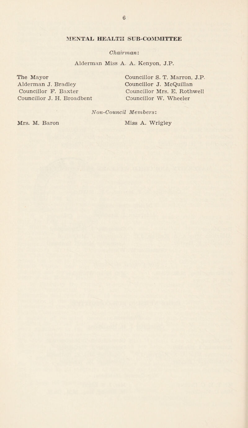 MENTAL HEALTH SUB-COMMITTEE Chairman: Alderman Miss A, A. Kenyon, J.P. The Mayor Councillor S. T. Marron, J.P. Alderman J. Bradley Councillor J. McQuillan Councillor F. Baxter Councillor Mrs. E. Rothwell Councillor J. H. Broadbent Councillor W. Wheeler Non-Council Members: Mrs. M. Baron Miss A. Wrigley