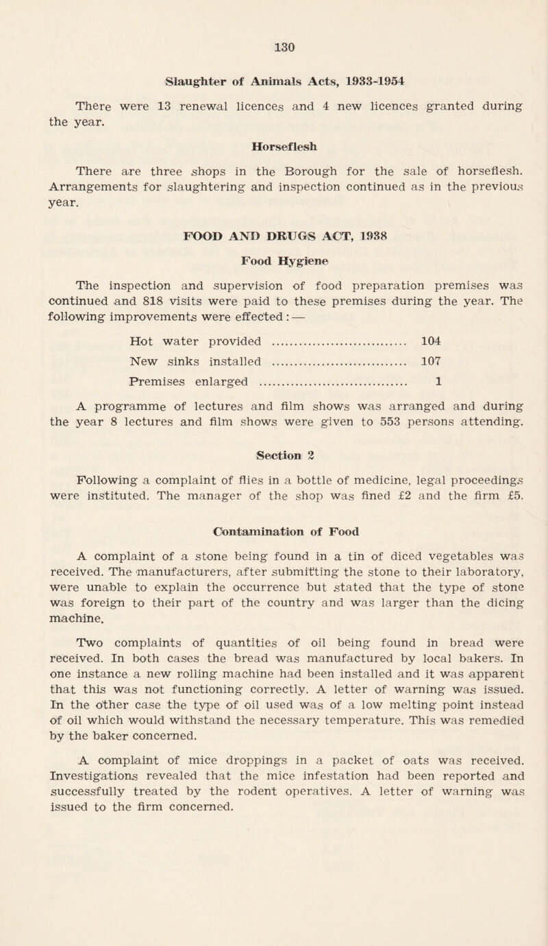 Slaughter of Animals Acts, 1933-1954 There were 13 renewal licences and 4 new licences granted during the year. Horseflesh There are three shops in the Borough for the sale of horseflesh. Arrangements for slaughtering and inspection continued as in the previous year. FOOD AND DRUGS ACT, 1938 Food Hygiene The inspection and supervision of food preparation premises was continued and 818 visits were paid to these premises during the year. The following improvements were effected : — Hot water provided . 104 New sinks installed . 107 Premises enlarged . 1 A programme of lectures and film shows was arranged and during the year 8 lectures and film shows were given to 553 persons attending. Section 2 Following a complaint of flies in a bottle of medicine, legal proceedings were instituted. The manager of the shop was fined £2 and the firm £5. Contamination of Food A complaint of a stone being found in a tin of diced vegetables was received. The manufacturers, after submitting the stone to their laboratory, were unable to explain the occurrence but stated that the type of stone was foreign to their part of the country and was larger than the dicing machine. Two complaints of quantities of oil being found in bread were received. In both cases the bread was manufactured by local bakers. In one instance a new rolling machine had been installed and it was apparent that this was not functioning correctly. A letter of warning was issued. In the other case the type of oil used was of a low melting point instead of oil which would withstand the necessary temperature. This was remedied by the baker concerned. A complaint of mice droppings in a packet of oats was received. Investigations revealed that the mice infestation had been reported and successfully treated by the rodent operatives. A letter of warning was issued to the firm concerned.