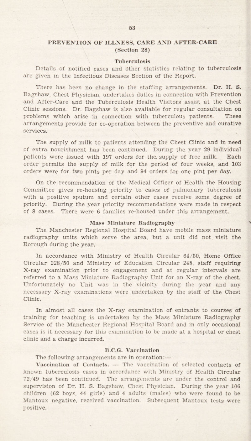 PREVENTION OF ILLNESS, CARE AND AFTER-CARE (Section 28) Tuberculosis Details of notified cases and other statistics relating to tuberculosis are given in the Infectious Diseases Section of the Report. There has been no change in the staffing arrangements. Dr. H. S. Bagshaw, Chest Physician, undertakes duties in connection with Prevention and After-Care and the Tuberculosis Health Visitors assist at the Chest Clinic sessions. Dr. Bagshaw is also available for regular consultation on problems which arise in connection with tuberculous patients. These arrangements provide for co-operation between the preventive and curative services. The supply of milk to patients attending the Chest Clinic and in need of extra nourishment has been continued. During the year 29 individual patients were issued with 197 orders for the. supply of free milk. Each order permits the supply of milk for the period of four weeks, and 103 orders were for two pints per day and 94 orders for one pint per day. On the recommendation of the Medical Officer of Health the Housing Committee gives re-housing priority to cases of pulmonary tuberculosis with a positive sputum and certain other cases receive some degree of priority. During the year priority recommendations were made in respect of 8 cases. There were 6 families re-housed under this arrangement. Mass Miniature Radiography The Manchester Regional Hospital Board have mobile mass miniature radiography units which serve the area, but a unit did not visit the Borough during the year. In accordance with Ministry of Health Circular 64/50, Home Office Circular 228/50 and Ministry of Education Circular 248, staff requiring X-ray examination prior to engagement and at regular intervals are referred to a Mass Miniature Radiography Unit for an X-ray of the chest. Unfortunately no Unit was in the vicinity during the year and any necessary X-ray examinations were undertaken by the staff of the Chest Clinic. In almost all cases the X-ray examination of entrants to courses of training for teaching is undertaken by the Mass Miniature Radiography Service of the Manchester Regional Hospital Board and in only occasional cases is it necessary for this examination to be made at a hospital or chest clinic and a charge incurred. B.C.G. Vaccination The following arrangements are in operation:— Vaccination of Contacts. — The vaccination of selected contacts of known tuberculosis cases in accordance with Ministry of Health Circular 72/49 has been continued. The arrangements are under the control and supervision of Dr. H. S. Bagshaw, Chest Physician. During the year 106 children (62 boys, 44 girls) and 4 adults (males) who were found to be Mantoux negative, received vaccination. Subsequent Mantoux tests were positive.