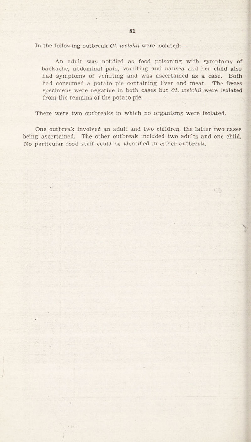 In the following outbreak Cl. voelchii were isolated:— An adult was notified as food poisoning with symptoms of backache, abdominal pain, vomiting and nausea and her child also had symptoms of vomiting and was ascertained as a case. Both had consumed a potato pie containing liver and meat. The faeces specimens were negative in both cases but CL voelchii were isolated from the remains of the potato pie. There were two outbreaks in which no organisms were isolated. One outbreak involved an adult and two children, the latter two cases being ascertained. The other outbreak included two adults and one child. No particular food stuff cculd be identified in either outbreak. 1 I