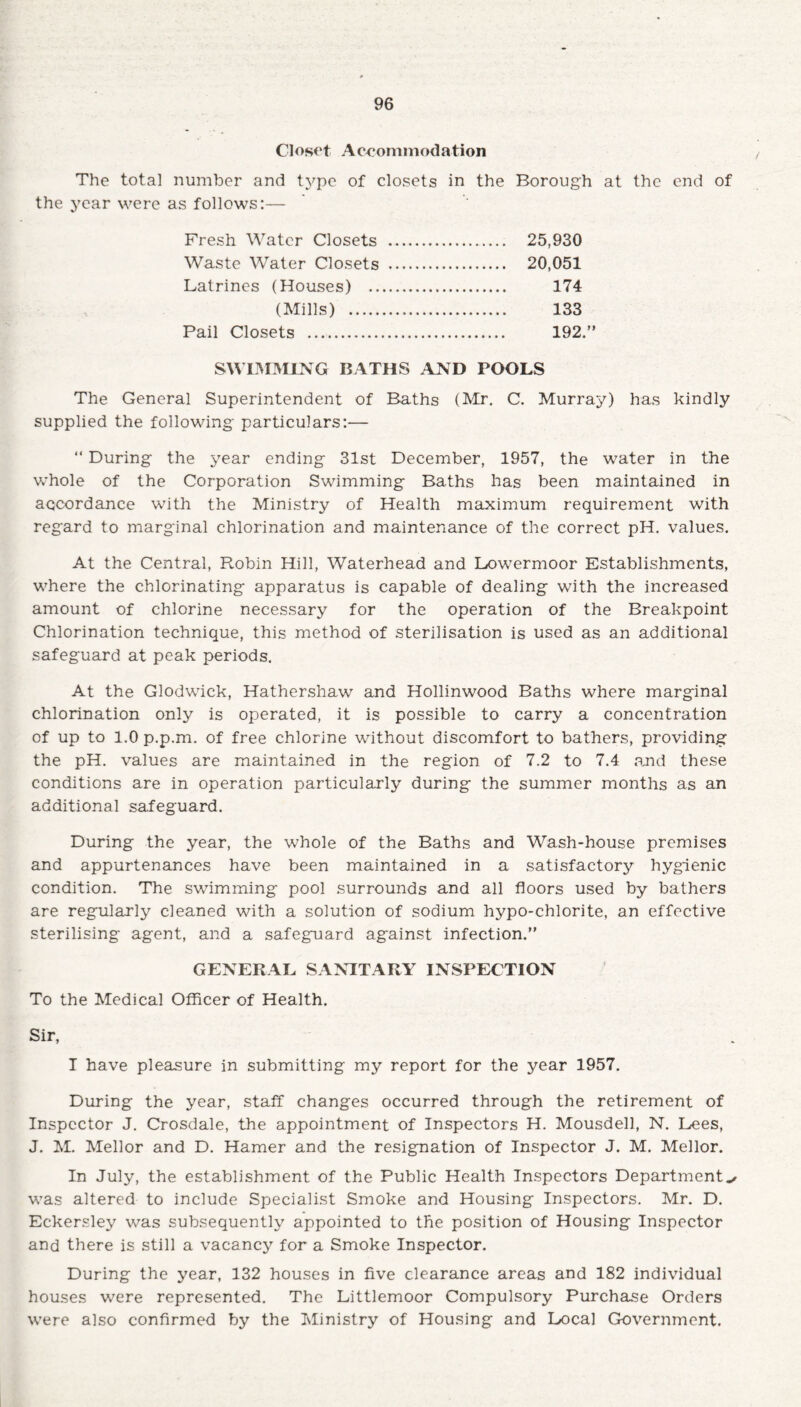Closet Accommodation The total number and type of closets in the Borough at the end of the year were as follows:— Fresh Water Closets . 25,930 Waste Water Closets . 20,051 Latrines (Houses) . 174 (Mills) . 133 Pail Closets . 192.” SWIMMING BATHS AND POOLS The General Superintendent of Baths (Mr. C. Murray) has kindly supplied the following particulars:— “ During the year ending 31st December, 1957, the water in the whole of the Corporation Swimming Baths has been maintained in accordance with the Ministry of Health maximum requirement with regard to marginal chlorination and maintenance of the correct pH. values. At the Central, Robin Hill, Waterhead and Lowermoor Establishments, where the chlorinating apparatus is capable of dealing with the increased amount of chlorine necessary for the operation of the Breakpoint Chlorination technique, this method of sterilisation is used as an additional safeguard at peak periods. At the Glodwick, Hathershaw and Hollinwood Baths where marginal chlorination only is operated, it is possible to carry a concentration of up to 1.0 p.p.m. of free chlorine without discomfort to bathers, providing the pH. values are maintained in the region of 7.2 to 7.4 and these conditions are in operation particularly during the summer months as an additional safeguard. During the year, the whole of the Baths and Wash-house premises and appurtenances have been maintained in a satisfactory hygienic condition. The swimming pool surrounds and all floors used by bathers are regularly cleaned with a solution of sodium hypo-chlorite, an effective sterilising agent, and a safeguard against infection.” GENERAL SANITARY INSPECTION To the Medical Officer of Health. Sir, I have pleasure in submitting my report for the year 1957. During the year, staff changes occurred through the retirement of Inspector J. Crosdale, the appointment of Inspectors H. Mousdell, N. Lees, J. M. Mellor and D. Hamer and the resignation of Inspector J. M. Mellor. In July, the establishment of the Public Health Inspectors Departments was altered to include Specialist Smoke and Housing Inspectors. Mr. D. Eckersley was subsequently appointed to the position of Housing Inspector and there is still a vacancy for a Smoke Inspector. During the year, 132 houses in five clearance areas and 182 individual houses were represented. The Littlemoor Compulsory Purchase Orders were also confirmed by the Ministry of Housing and Local Government.
