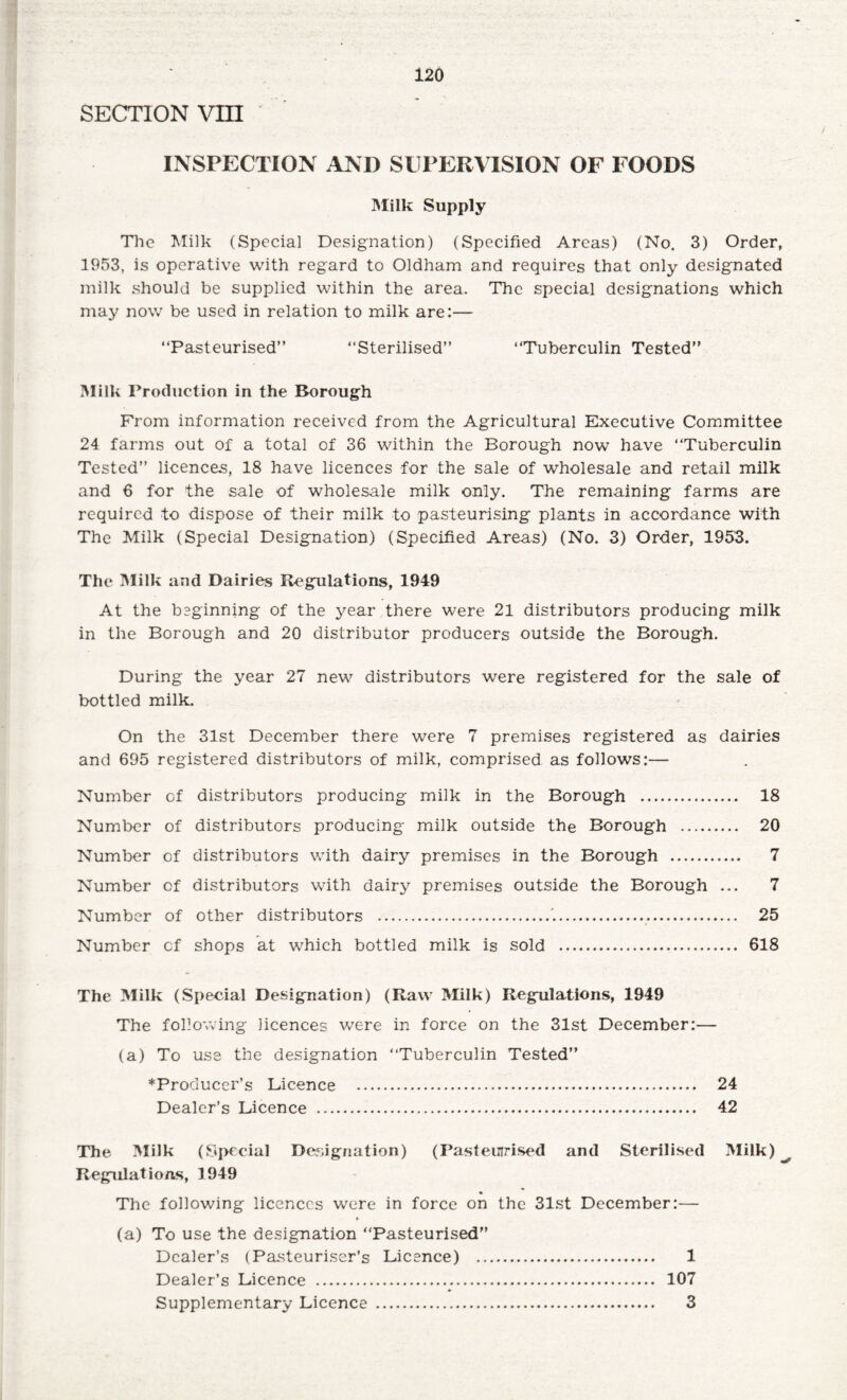 SECTION vm INSPECTION AND SUPERVISION OF FOODS Milk Supply Tlie Milk (Special Designation) (Specified Areas) (No. 3) Order, 1953, is operative with regard to Oldham and requires that only designated milk should be supplied within the area. The special designations which may now be used in relation to milk are:— “Pasteurised” “Sterilised” “Tuberculin Tested” Milk Production in the Borough From information received from the Agricultural Executive Committee 24 farms out of a total of 36 within the Borough now have “Tuberculin Tested” licences, 18 have licences for the sale of wholesale and retail milk and 6 for the sale of wholesale milk only. The remaining farms are required to dispose of their milk to pasteurising plants in accordance with The Milk (Special Designation) (Specified Areas) (No. 3) Order, 1953. The Milk and Dairies Regulations, 1949 At the beginning of the year there were 21 distributors producing milk in the Borough and 20 distributor producers outside the Borough. During the year 27 new distributors were registered for the sale of bottled milk. On the 31st December there were 7 premises registered as dairies and 695 registered distributors of milk, comprised as follows:— Number of distributors producing milk in the Borough . 18 Number of distributors producing milk outside the Borough . 20 Number of distributors with dairy premises in the Borough . 7 Number of distributors with dairy premises outside the Borough ... 7 Number of other distributors .'... 25 Number of shops at which bottled milk is sold . 618 The Milk (Special Designation) (Raw Milk) Regulations, 1949 The following licences were in force on the 31st December:— (a) To use the designation “Tuberculin Tested” ^Producer’s Licence . 24 Dealer’s Licence . 42 The Milk (Special Designation) (Pasteurised and Sterilised Milk) Regulations, 1949 The following licences were in force on the 31st December:— (a) To use the designation “Pasteurised” Dealer’s (Pasteuriser’s Licence) . 1 Dealer’s Licence . 107 Supplementary Licence . 3