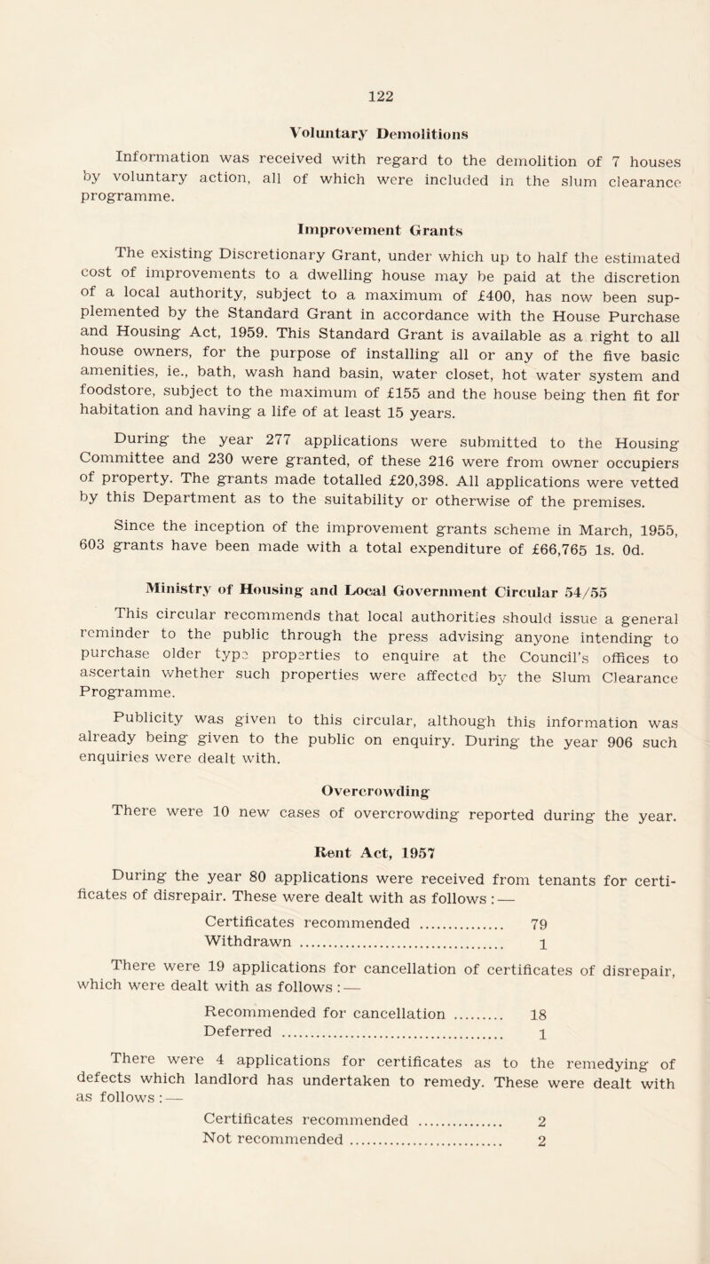 Voluntary Demolitions Information was received with regard to the demolition of 7 houses by voluntary action, all of which were included in the slum clearance programme. Improvement Grants The existing Discretionary Grant, under which up to half the estimated cost of improvements to a dwelling house may be paid at the discretion of a local authority, subject to a maximum of 1400, has now been sup¬ plemented by the Standard Grant in accordance with the House Purchase and Housing Act, 1959. This Standard Grant is available as a right to all house owners, for the purpose of installing all or any of the five basic amenities, ie., bath, wash hand basin, water closet, hot water system and foodstore, subject to the maximum of £155 and the house being then fit for habitation and having a life of at least 15 years. During the year 277 applications were submitted to the Housing Committee and 230 were granted, of these 216 were from owner occupiers of property. The grants made totalled £20,398. All applications were vetted by this Department as to the suitability or otherwise of the premises. Since the inception of the improvement grants scheme in March, 1955, 603 grants have been made with a total expenditure of £66,765 Is. Od. Ministry of Housing and Local Government Circular 54/55 This circular recommends that local authorities should issue a general reminder to the public through the press advising anyone intending to purchase older type properties to enquire at the Council’s offices to ascertain whether such properties were affected by the Slum Clearance Programme. Publicity was given to this circular, although this information was already being given to the public on enquiry. During the year 906 such enquiries were dealt with. Overcrowding There were 10 new cases of overcrowding reported during the year. Rent Act, 1957 During the year 80 applications were received from tenants for certi¬ ficates of disrepair. These were dealt with as follows : — Certificates recommended . 79 Withdrawn . 1 There were 19 applications for cancellation of certificates of disrepair, which were dealt with as follows : — Recommended for cancellation . 18 Deferred . 1 There were 4 applications for certificates as to the remedying of defects which landlord has undertaken to remedy. These were dealt with as follows : — Certificates recommended . 2 Not recommended. 2