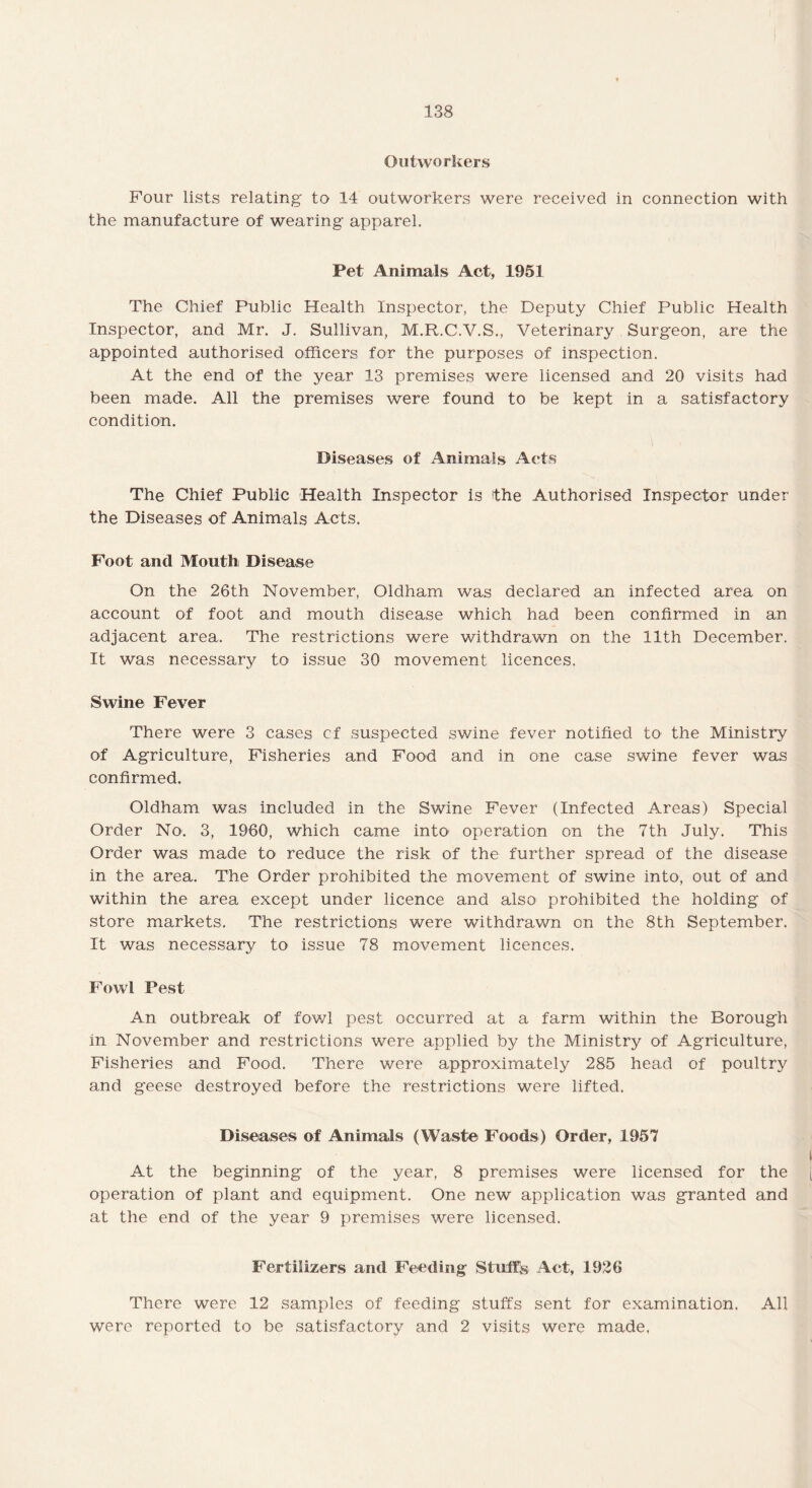 Outworkers Four lists relating to 14 outworkers were received in connection with the manufacture of wearing apparel. Pet Animals Act, 1951 The Chief Public Health Inspector, the Deputy Chief Public Health Inspector, and Mr. J. Sullivan, M.R.C.V.S., Veterinary Surgeon, are the appointed authorised officers for the purposes of inspection. At the end of the year 13 premises were licensed and 20 visits had been made. All the premises were found to be kept in a satisfactory condition. Diseases of Animals Acts The Chief Public Health Inspector is the Authorised Inspector under the Diseases of Animals Acts. Foot and Mouth Disease On the 26th November, Oldham was declared an infected area on account of foot and mouth disease which had been confirmed in an adjacent area. The restrictions were withdrawn on the 11th December. It was necessary to issue 30 movement licences. Swine Fever There were 3 cases cf suspected swine fever notified to the Ministry of Agriculture, Fisheries and Food and in one case swine fever was confirmed. Oldham was included in the Swine Fever (Infected Areas) Special Order No. 3, 1960, which came into operation on the 7th July. This Order was made to reduce the risk of the further spread of the disease in the area. The Order prohibited the movement of swine into, out of and within the area except under licence and also; prohibited the holding of store markets. The restrictions were withdrawn on the 8th September. It was necessary to issue 78 movement licences. Fowl Pest An outbreak of fowl pest occurred at a farm within the Borough in November and restrictions were applied by the Ministry of Agriculture, Fisheries and Food. There were approximately 285 head of poultry and geese destroyed before the restrictions were lifted. Diseases of Animals (Waste Foods) Order, 1957 At the beginning of the year, 8 premises were licensed for the operation of plant and equipment. One new application was granted and at the end of the year 9 premises were licensed. Fertilizers and Feeding Stuff's Act, 1926 There were 12 samples of feeding stuffs sent for examination. All were reported to be satisfactory and 2 visits were made.