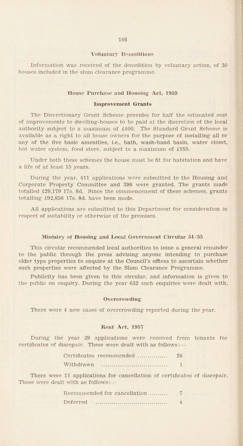 Voluntary Demolitions Information was received of the demolition by voluntary action, of 30 houses included in the slum clearance programme. House Purchase and Housing Act, 1959 Improvement Grants The Discretionary Grant Scheme provides for half the estimated cost of improvements to dwelling-houses to be paid at the discretion of the local authority subject to a maximum of £400. The Standard Grant Scheme is available as a right to all house owners for the purpose of installing all or any of the five basic amenities, i.e., bath, wash-hand basin, water closet, hot water system, food store, subject to a maximum of £155. Under both these schemes the house must be fit for habitation and have a life of at least 15 years. During the year, 411 applications were submitted to the Housing and Corporate Property Committee and 398 were granted. The grants made totalled £29,179 17s. 8d. Since the commencement of these schemes, grants totalling £92,856 17s. 8d. have been made. All applications are submitted to this Department for consideration in respect of suitability or otherwise of the premises. Ministry of Housing and Local Government Circular 54/55 This circular recommended local authorities to issue a general reminder to the public through the press advising anyone intending to purchase older type properties to enquire at the Council’s offices to ascertain whether such properties were affected by the Slum Clearance Programme. Publicity has been given to this circular, and information is given to the public on enquiry. During the year 632 such enquiries were dealt with. Overcrowding There were 4 new cases of overcrowding reported during the year. Rent Act, 1957 During the year 29 applications were received from tenants for certificates of disrepair. These were dealt with as follows:— Certificates recommended . 28 Withdrawn . 1 There were 11 applications for cancellation of certificates of disrepair. These were dealt with as follows:— Recommended for cancellation . 7 Deferred . 4